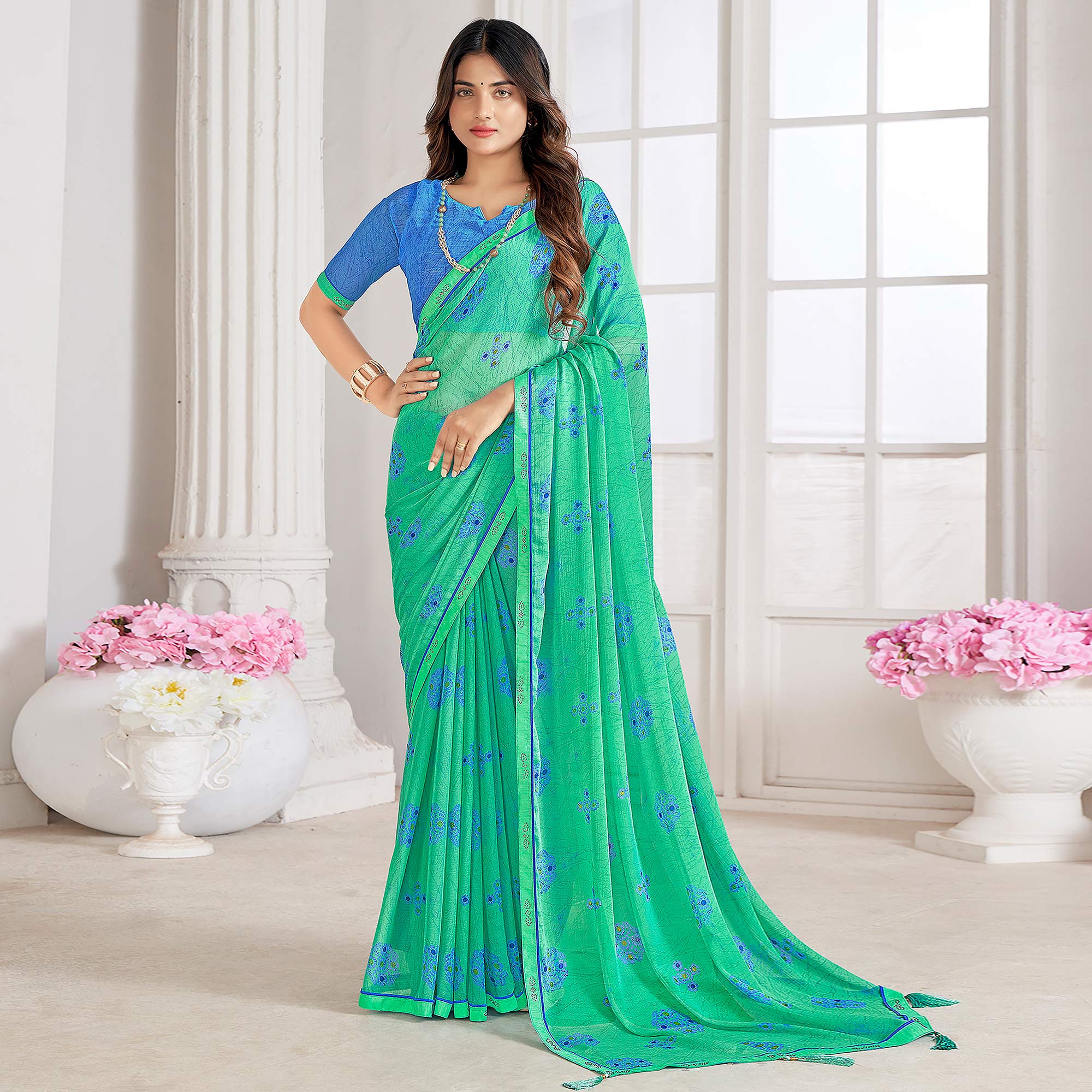 Turquoise Printed With Swarovski Chiffon Saree