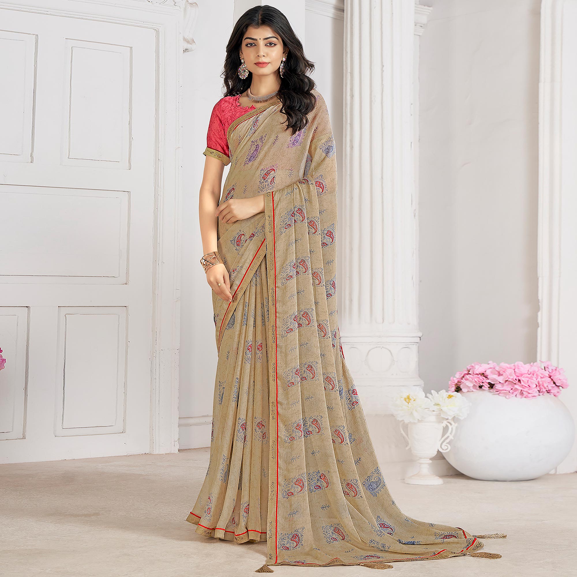 Beige Printed With Swarovski Chiffon Saree