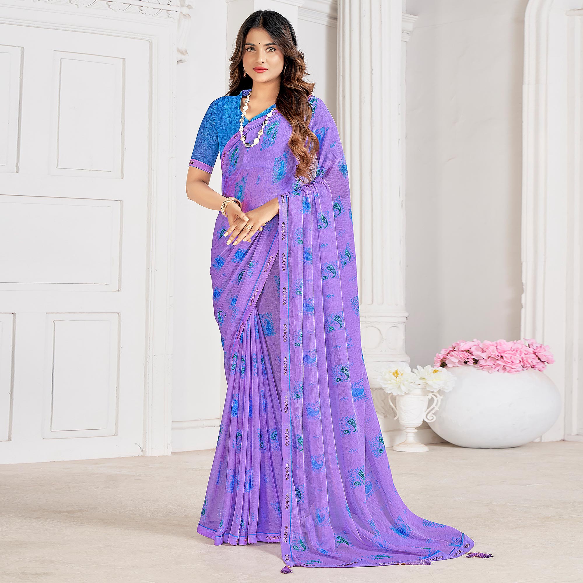 Purple Printed With Swarovski Chiffon Saree