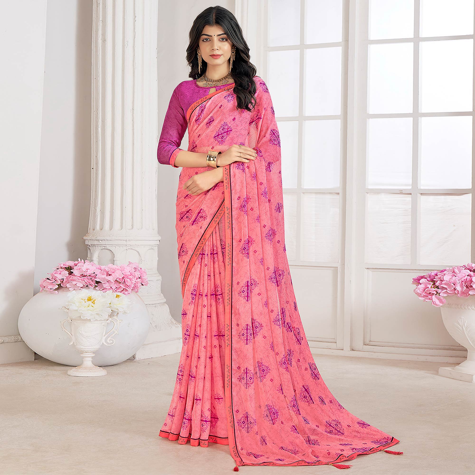 Pink Printed With Swarovski Chiffon Saree