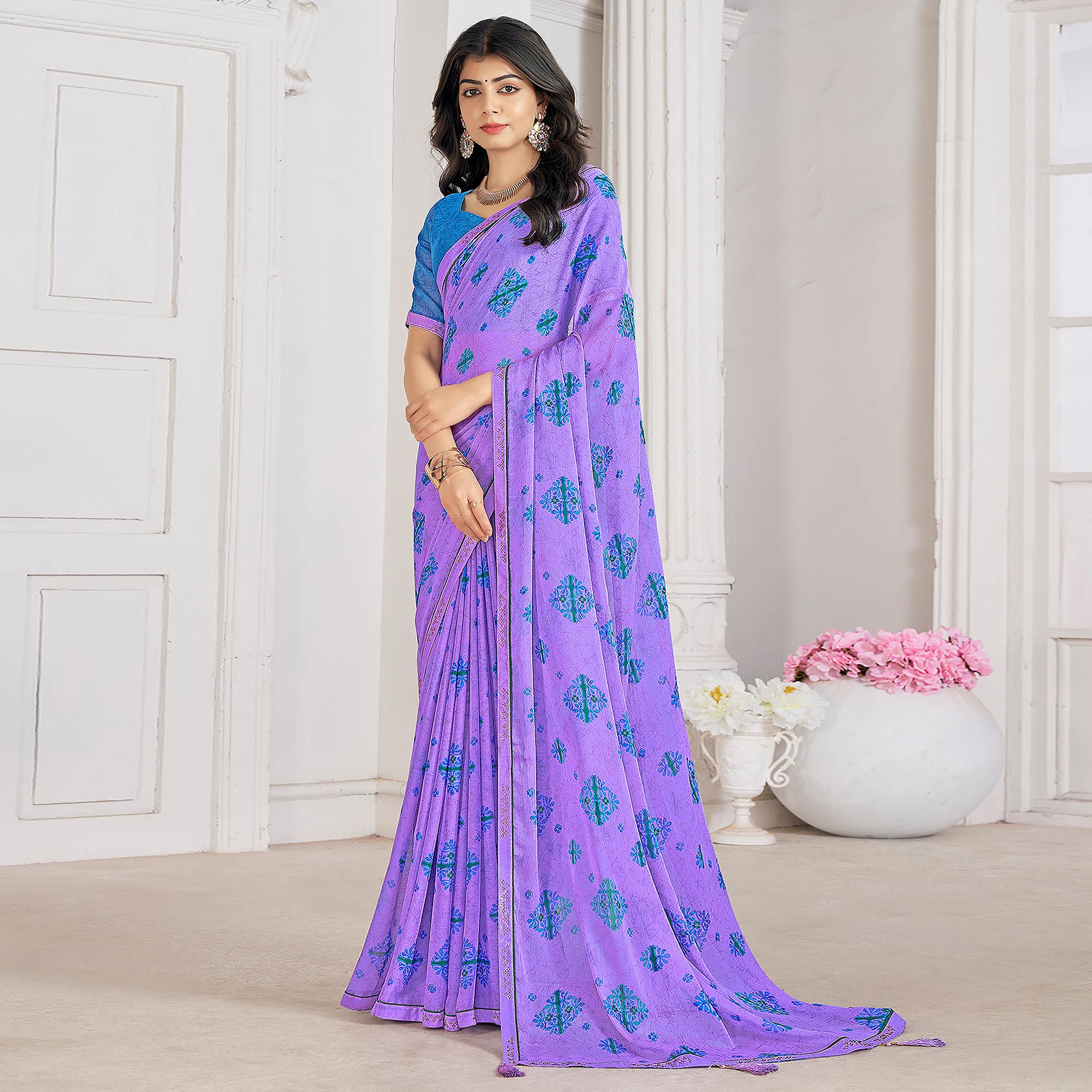 Purple Printed With Swarovski Chiffon Saree