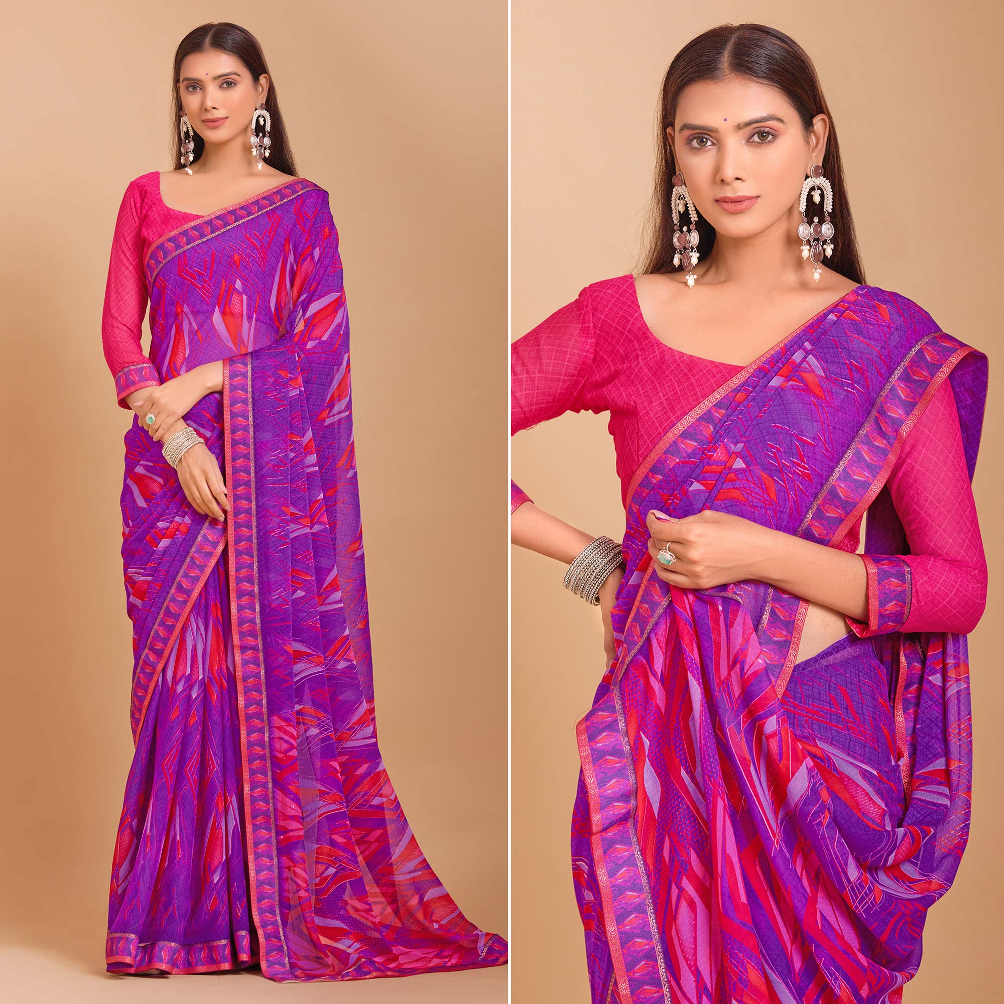 Purple Geometric Printed Chiffon Saree