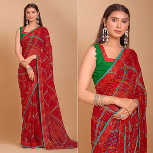 Red Geometric Printed Chiffon Saree