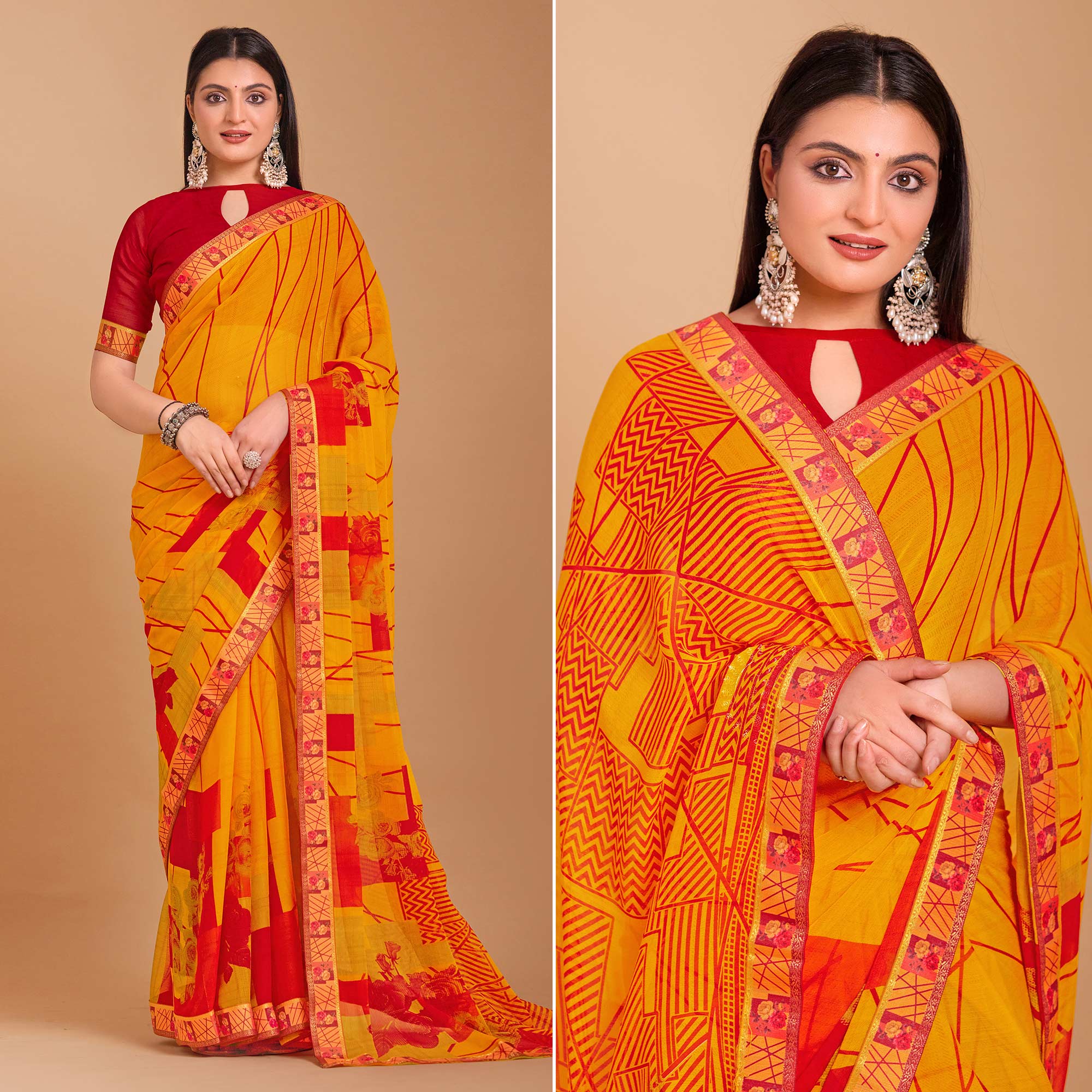 Mustard Geometric Printed Chiffon Saree