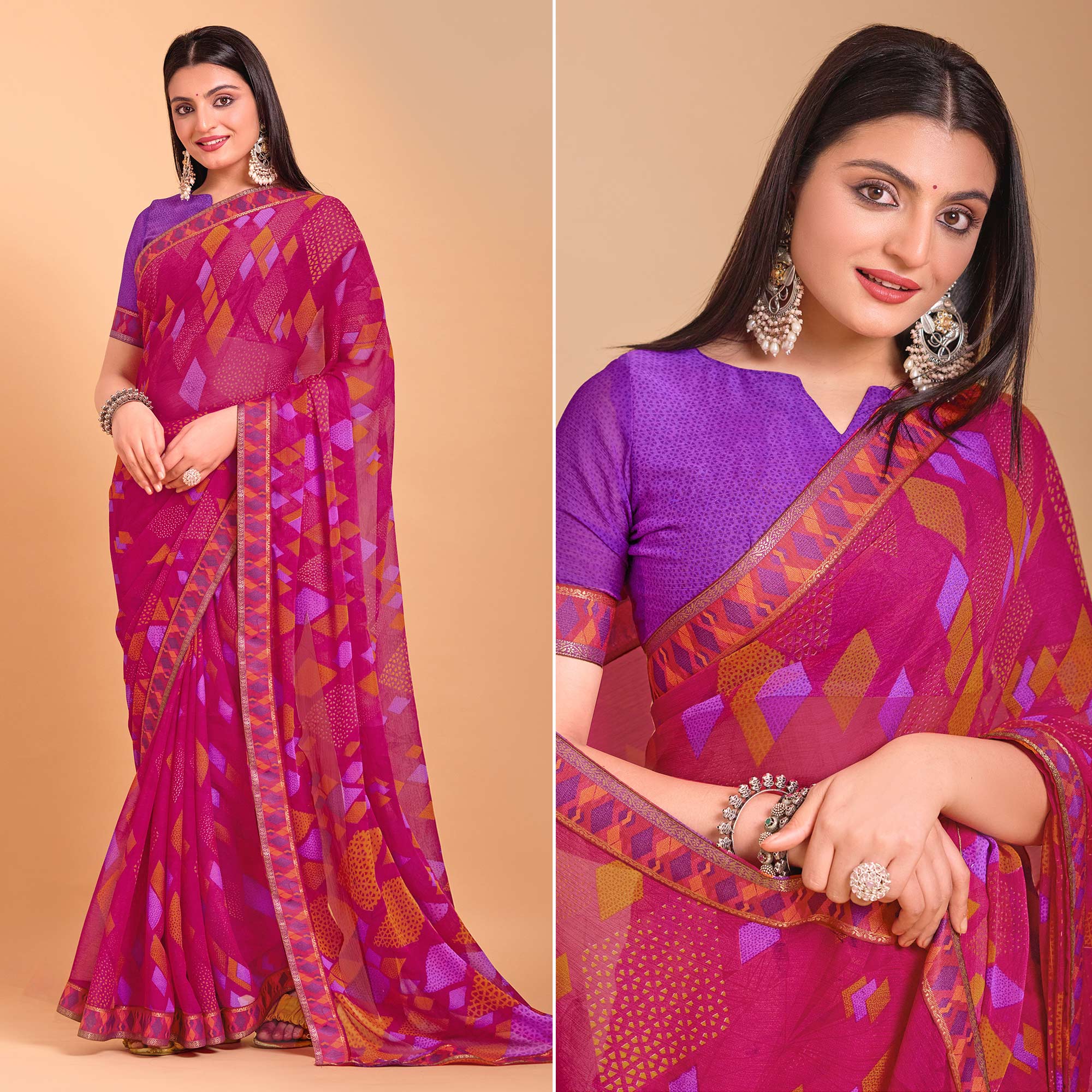 Pink Geometric Printed Chiffon Saree