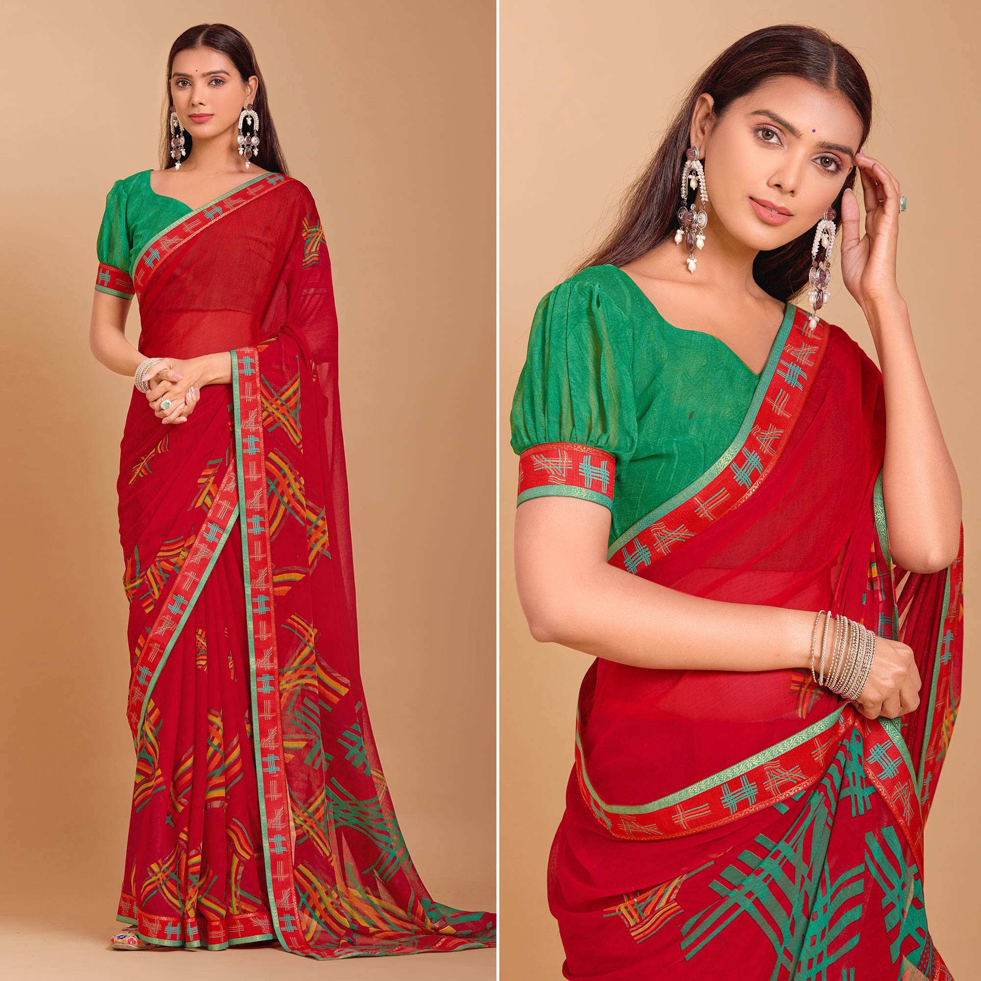 Red Geometric Printed Chiffon Saree