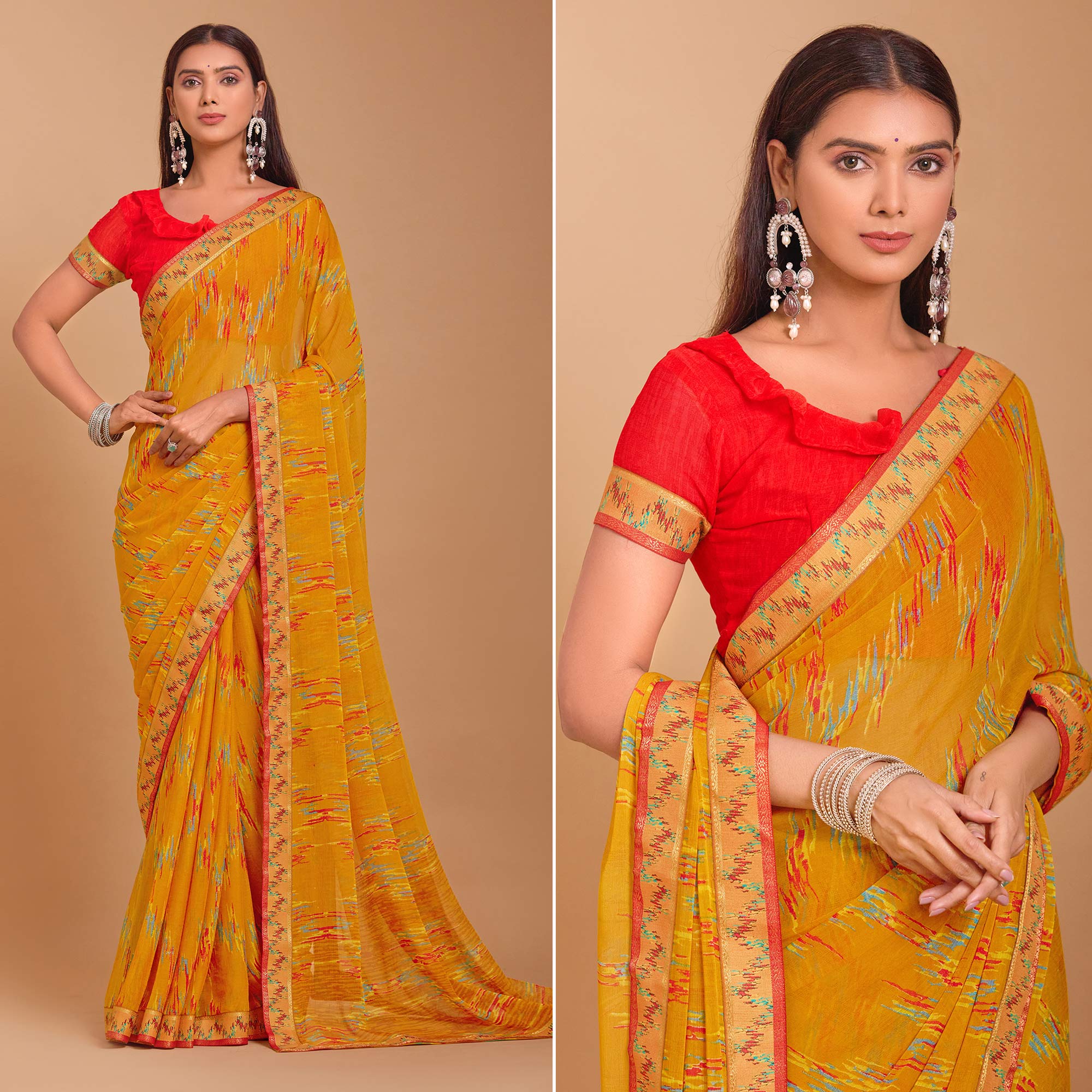 Mustard Ikkat Printed Chiffon Saree
