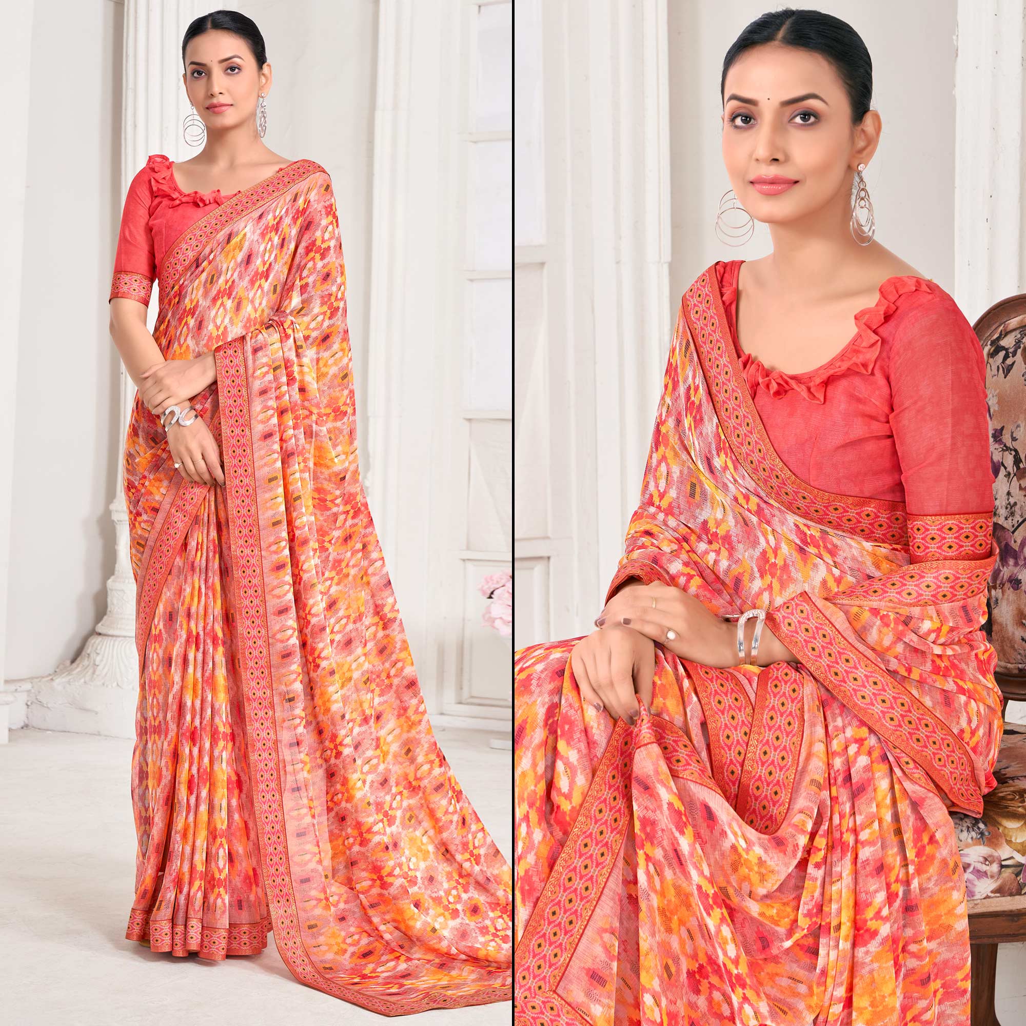 Peach Printed Chiffon Saree With Lace Border