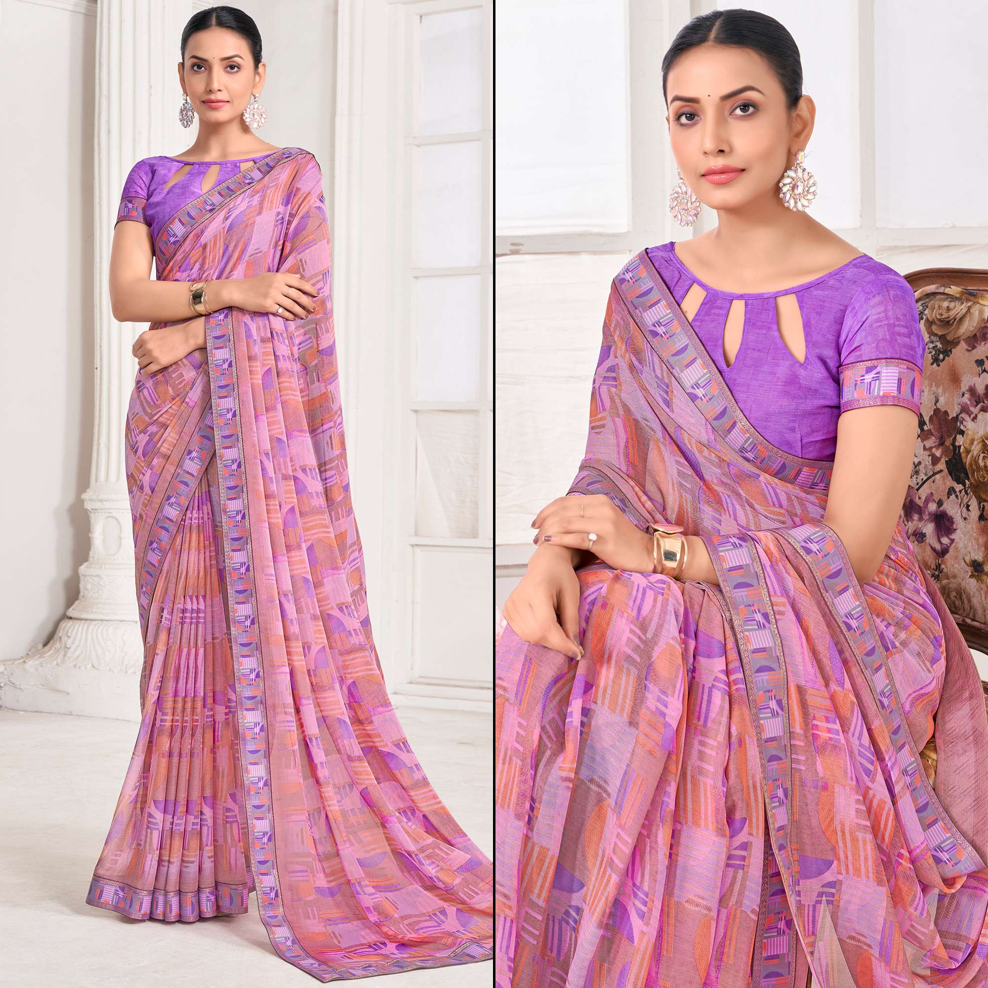 Lavender Geometric Printed Chiffon Saree With Lace Border