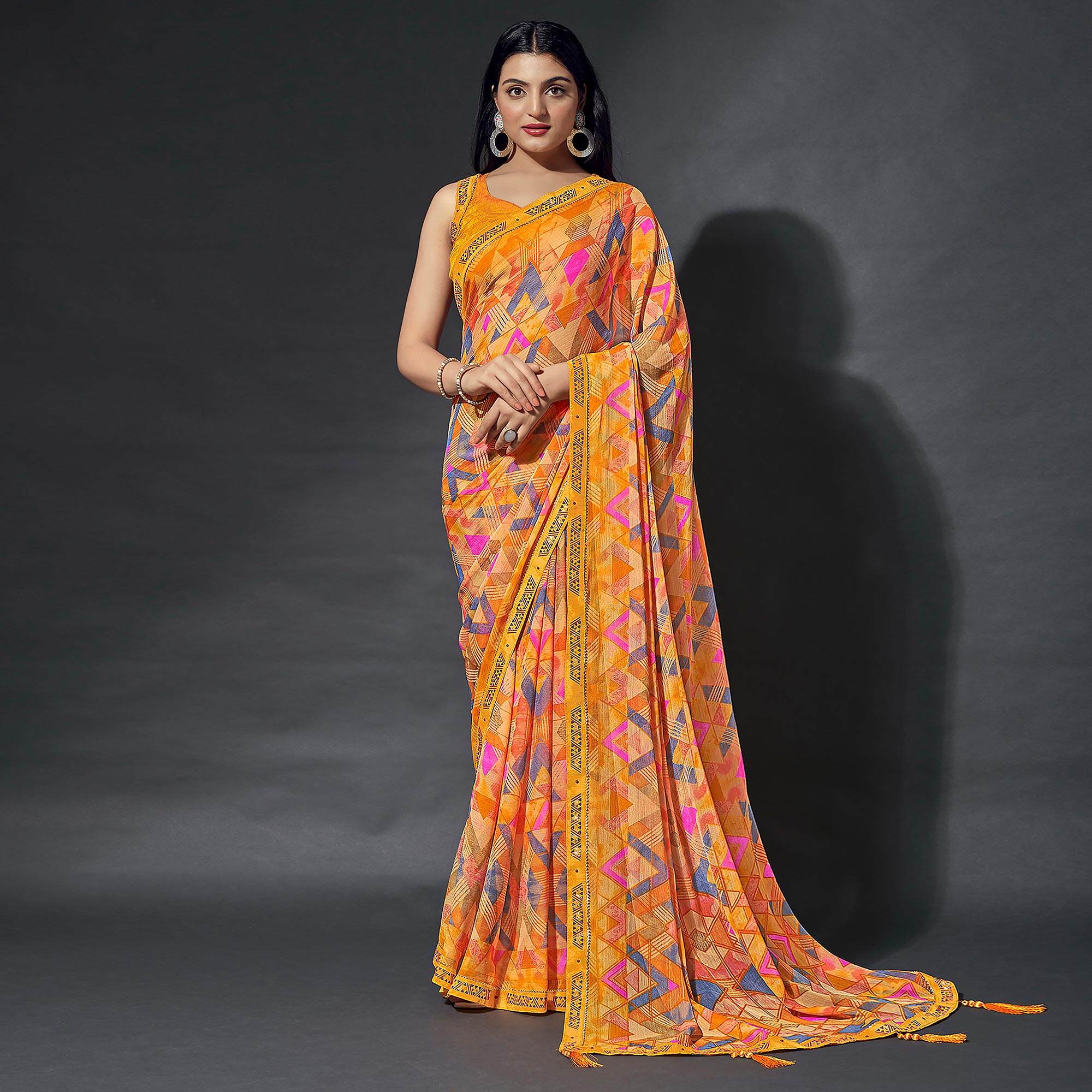 Mustard Printed Chiffon Saree With Lace Border