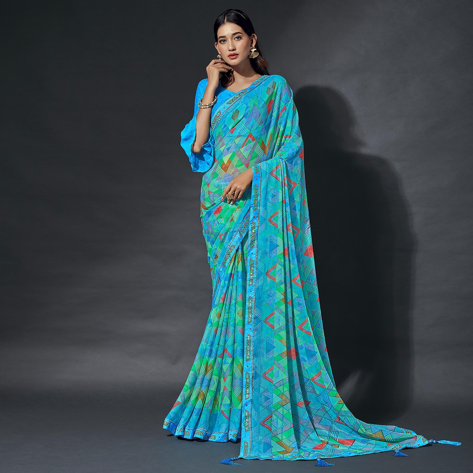 Blue Printed Chiffon Saree With Lace Border