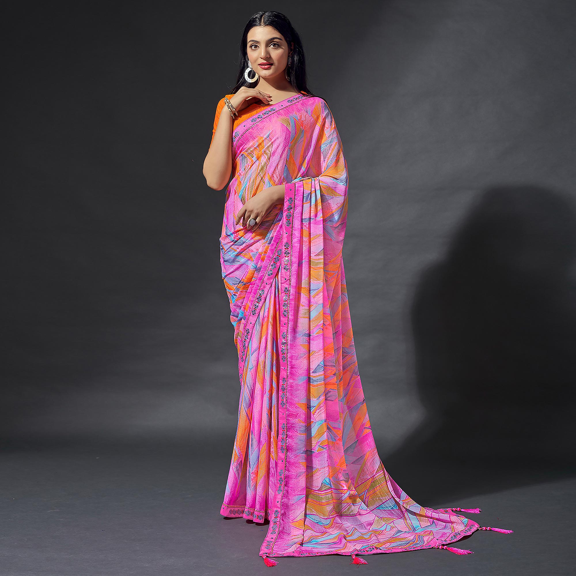 Pink Printed Chiffon Saree With Lace Border