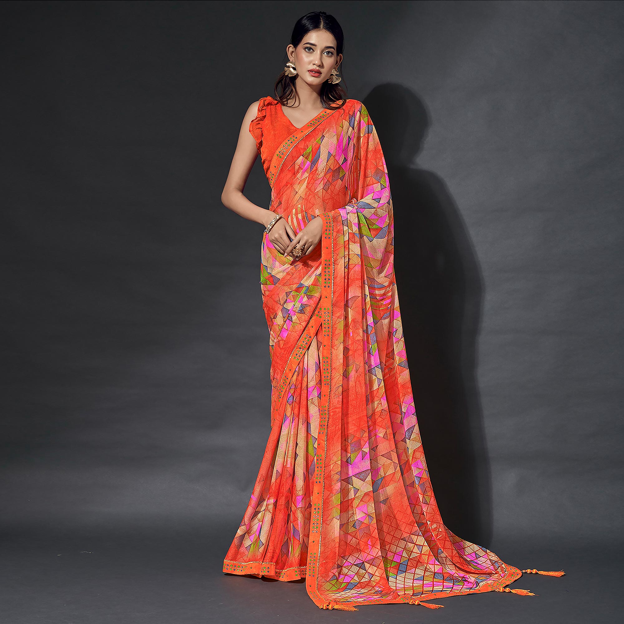 Orange Printed Chiffon Saree With Lace Border