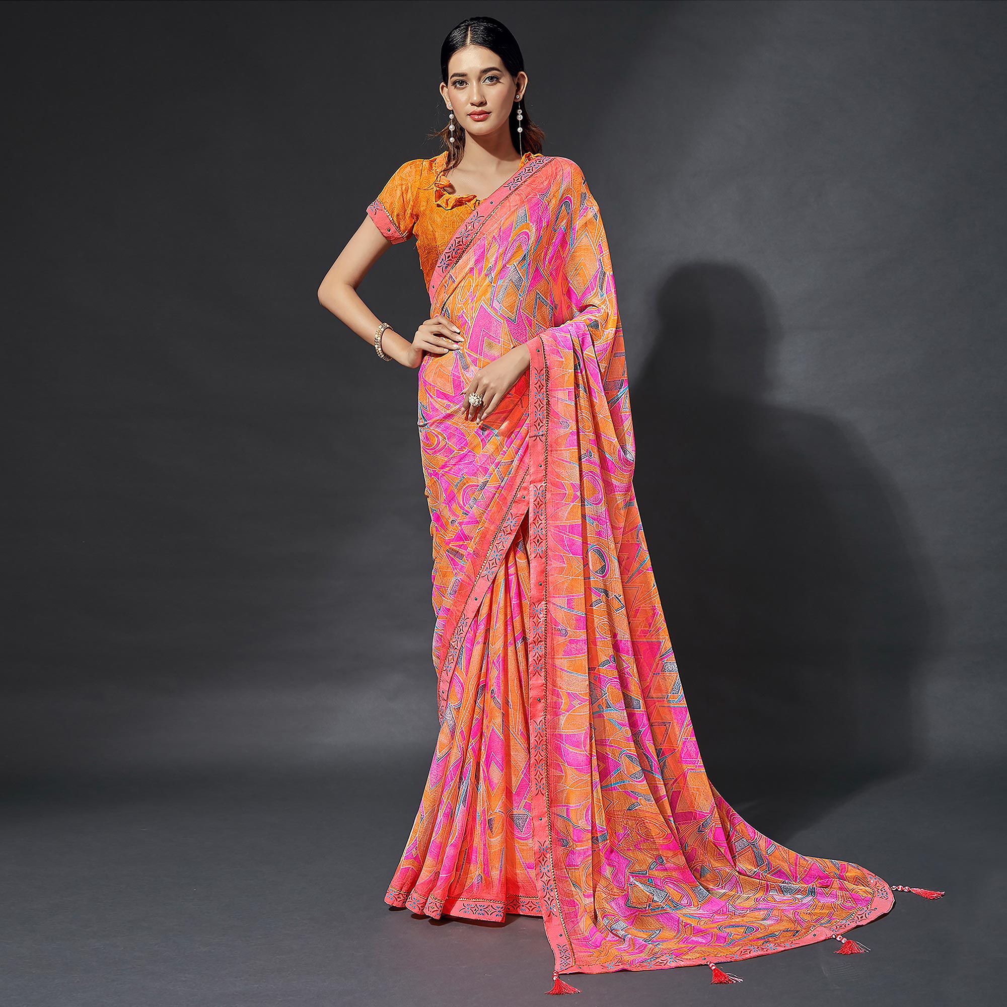 Pink & Orange Printed Chiffon Saree With Lace Border