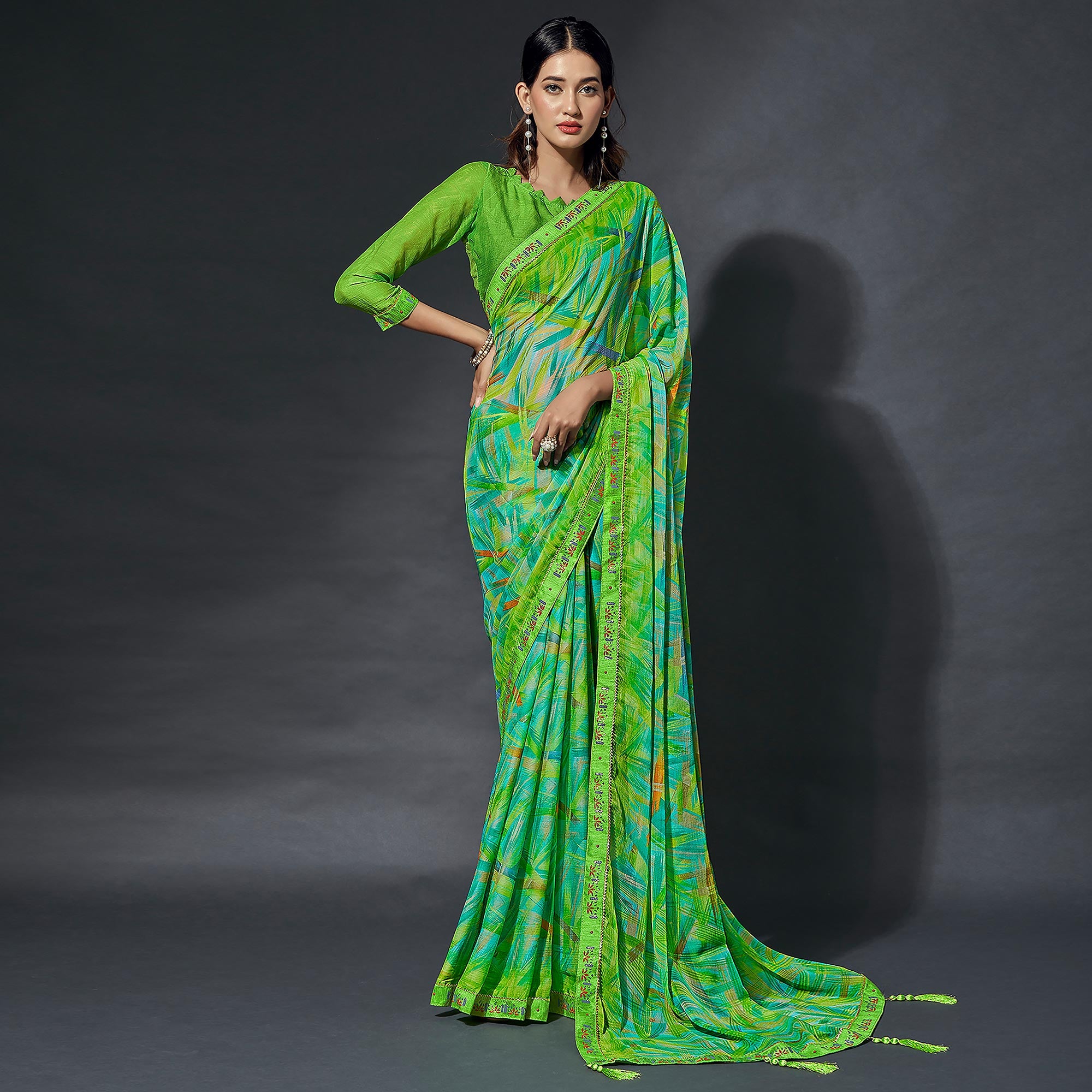 Green Printed Chiffon Saree With Lace Border