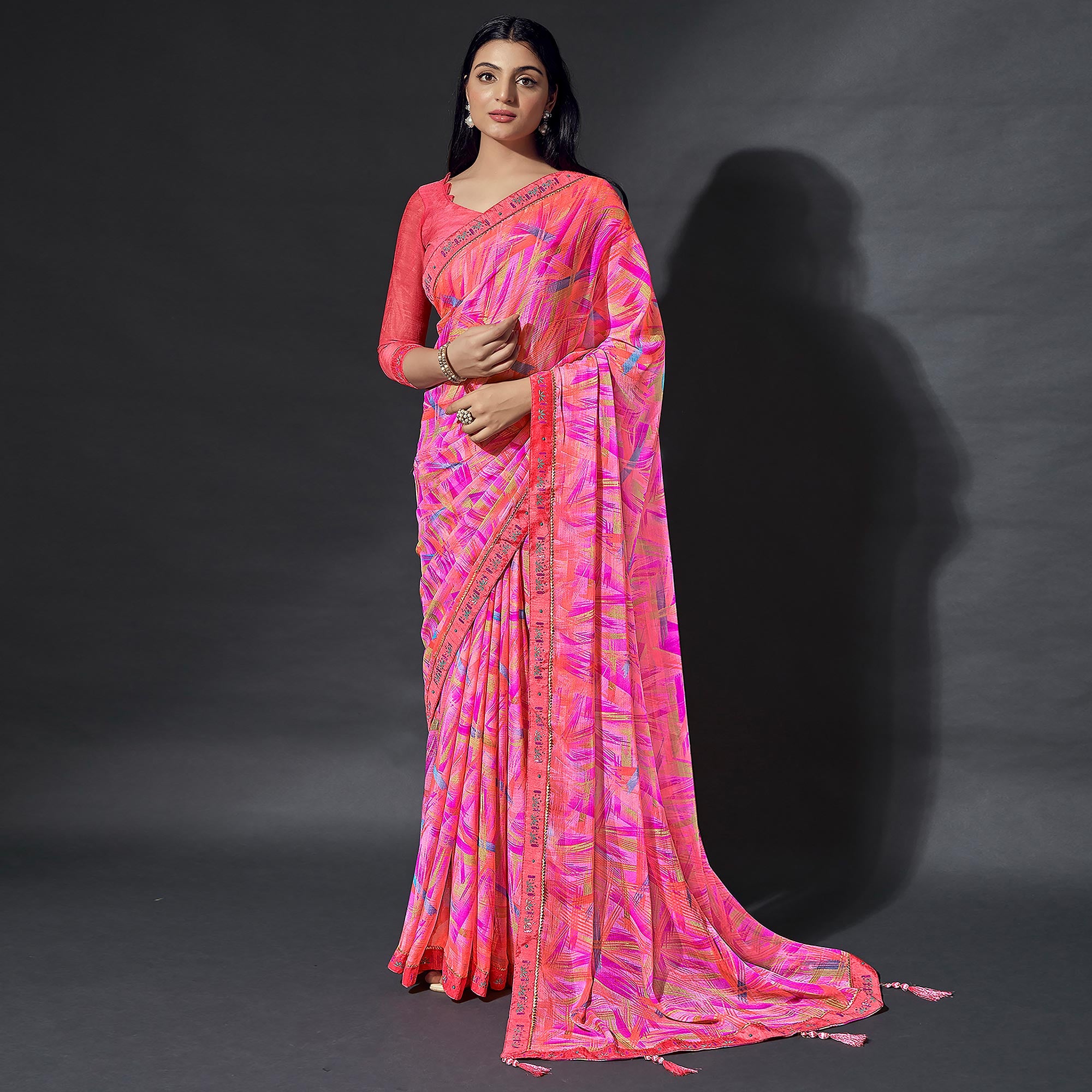 Pink Printed Chiffon Saree With Lace Border