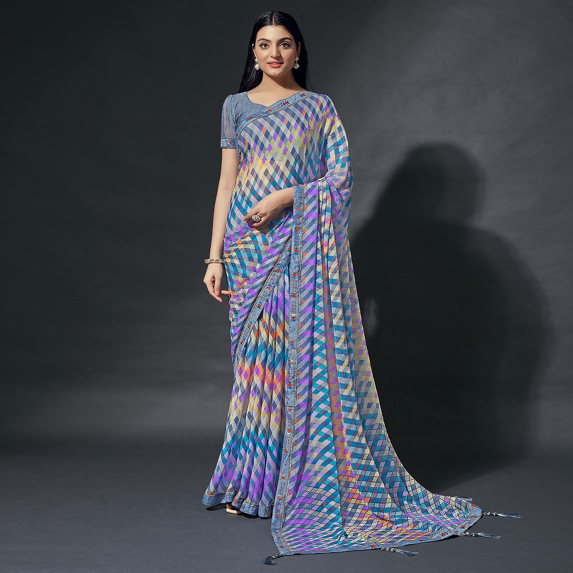 Grey Printed Chiffon Saree With Lace Border