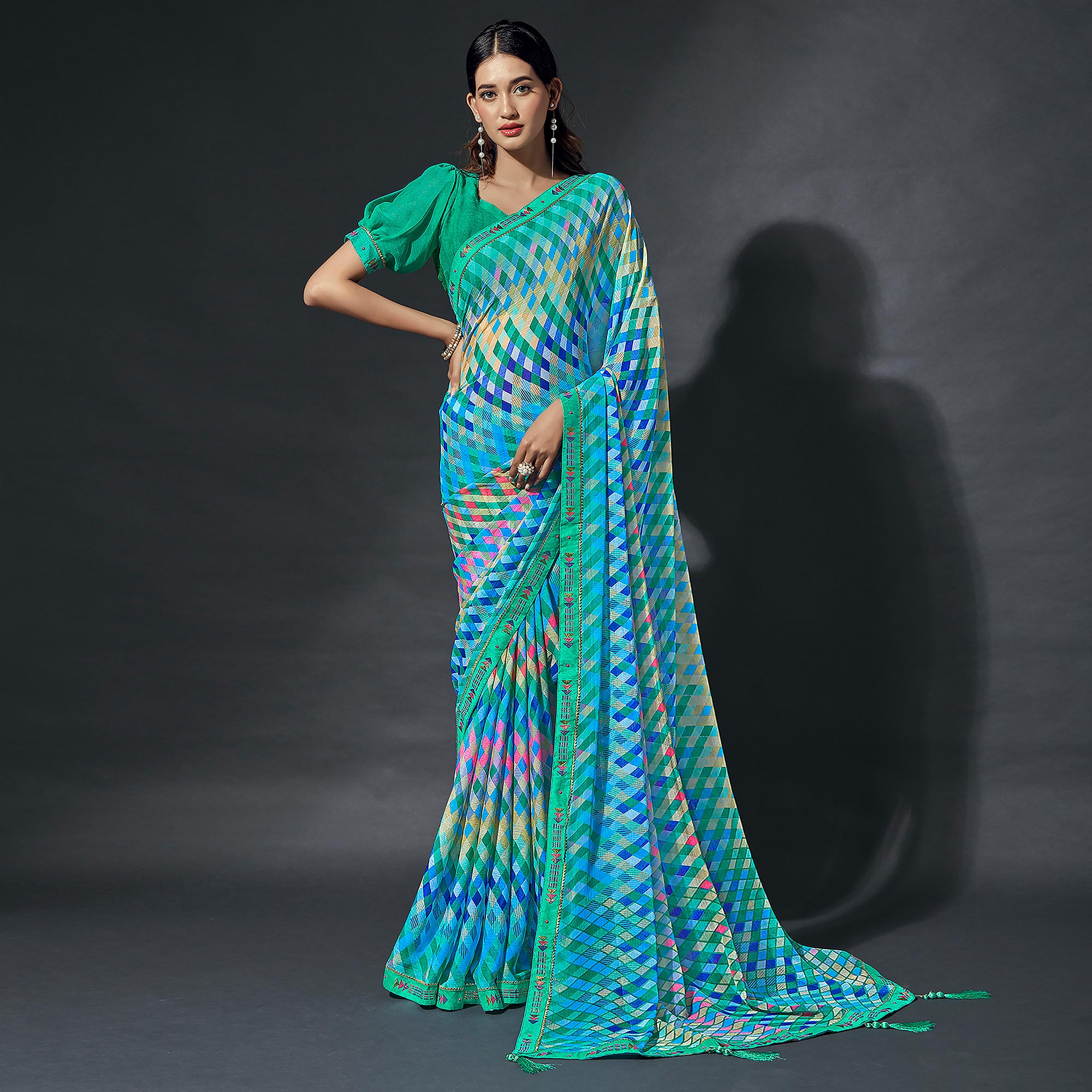 Turquoise Printed Chiffon Saree With Lace Border