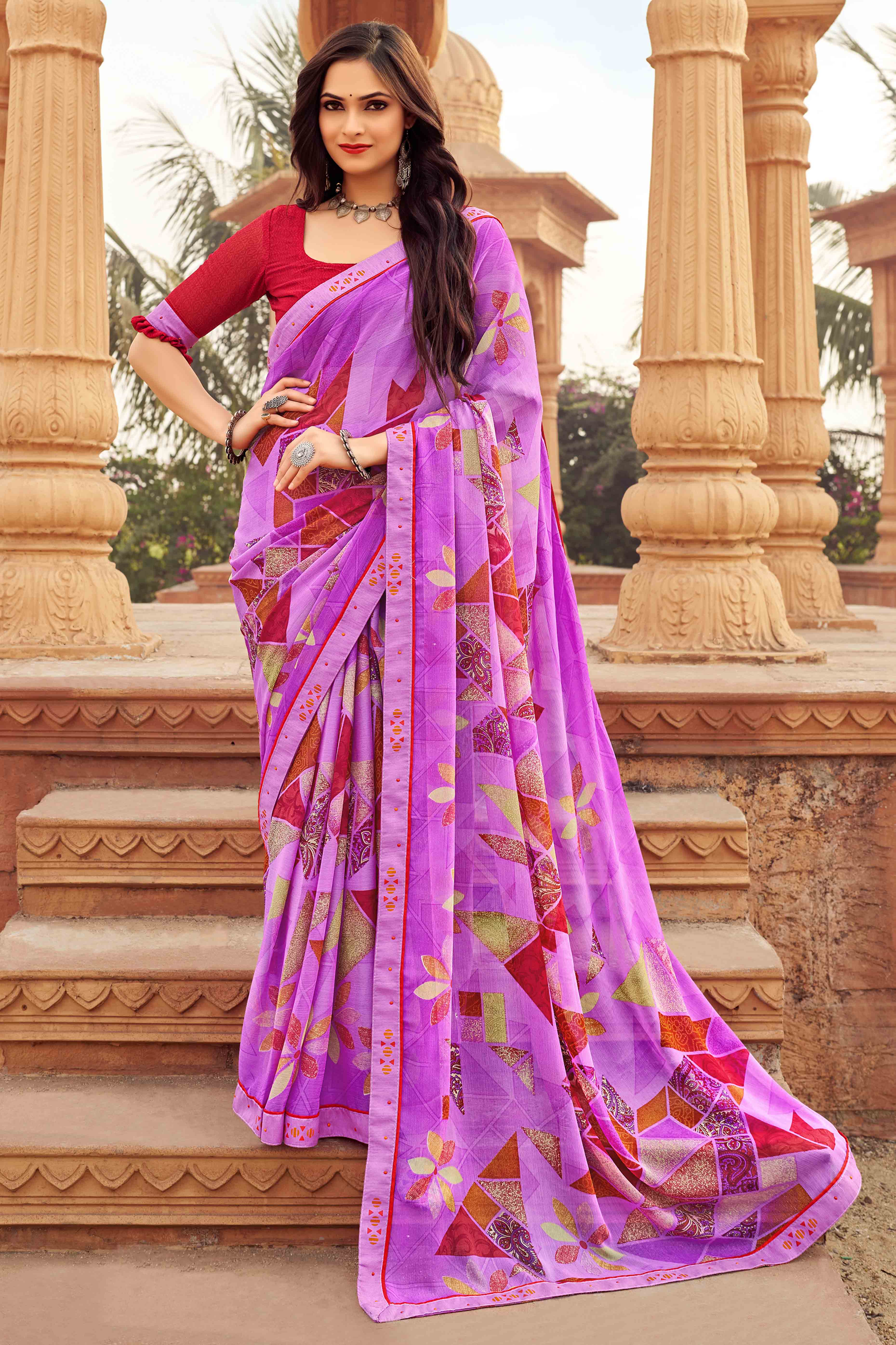 Purple Abstract Printed Chiffon Saree
