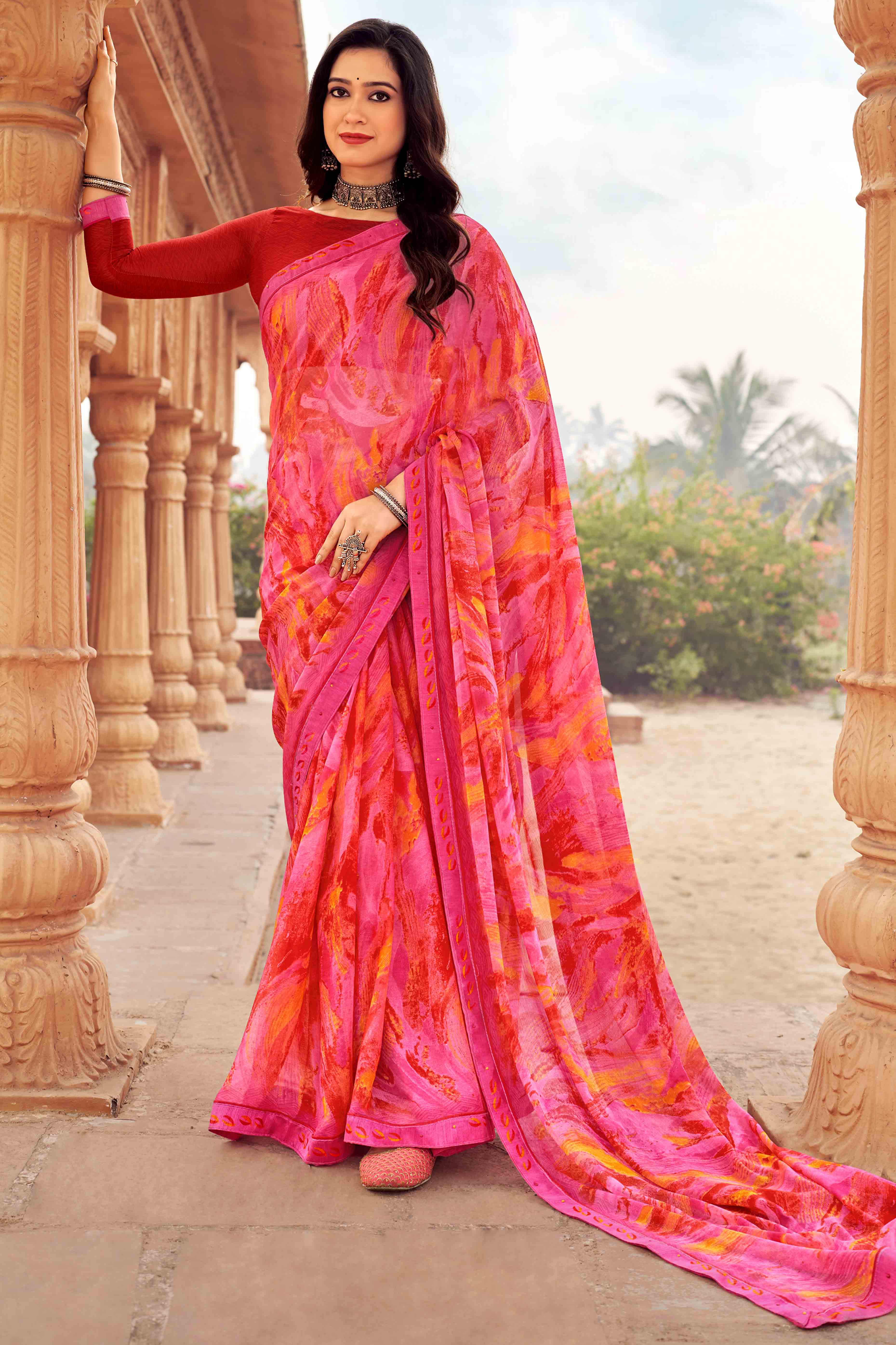 Pink Abstract Printed Chiffon Saree