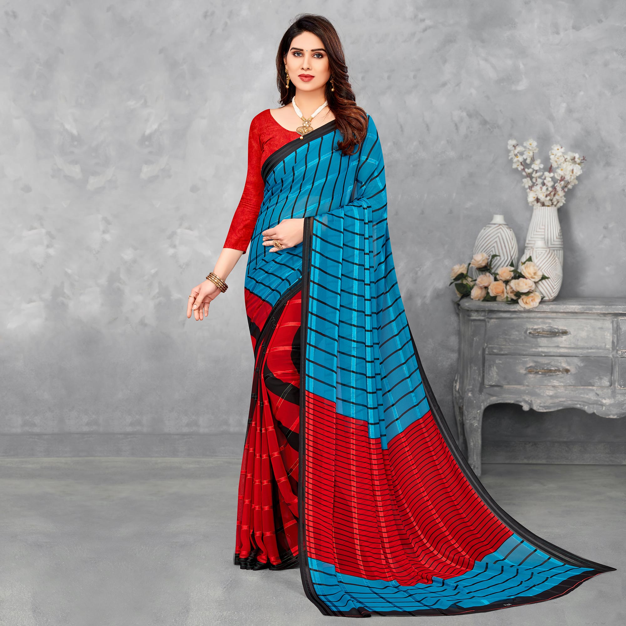 Red & Blue Striped Printed Georgette Saree