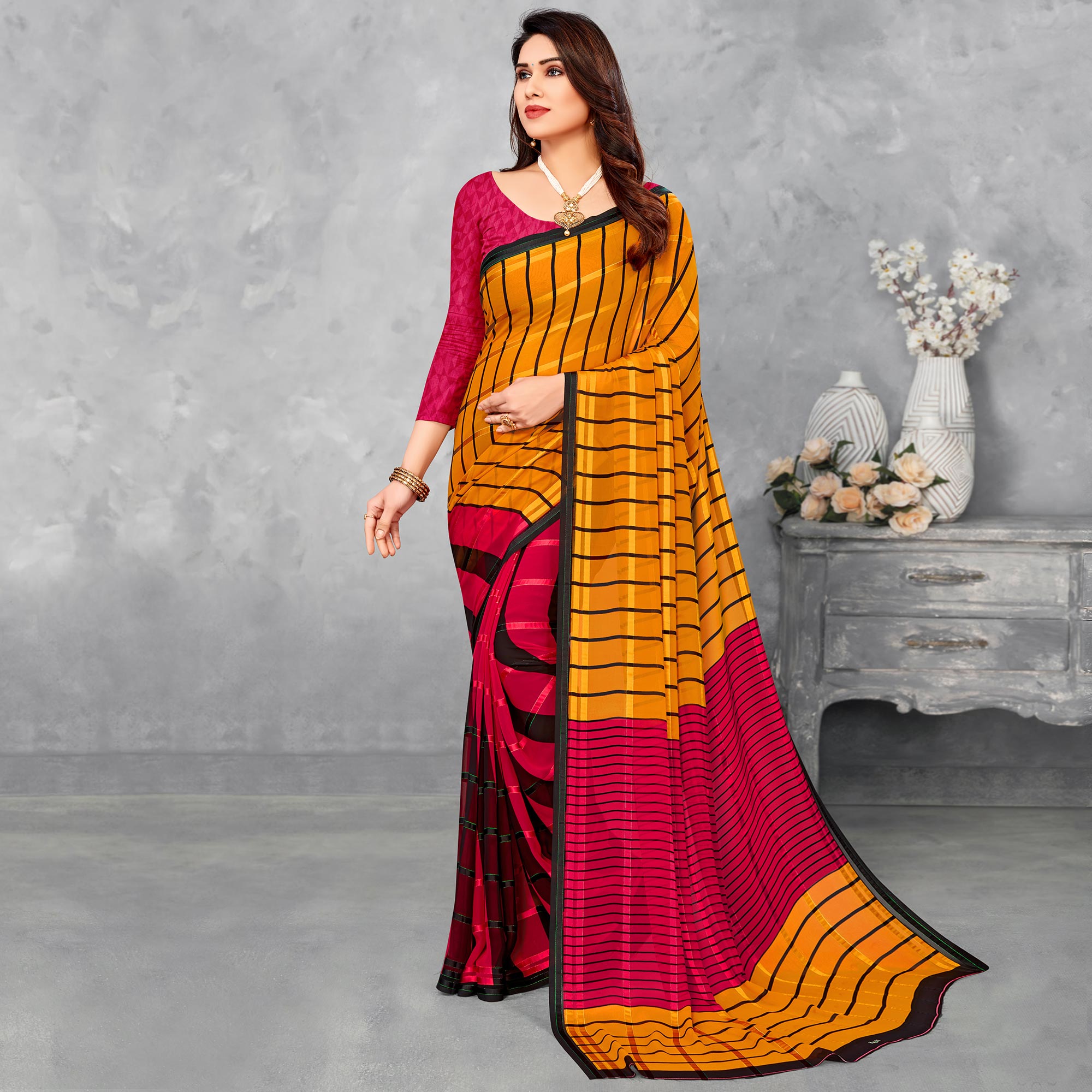 Yellow & Pink Striped Printed Georgette Saree