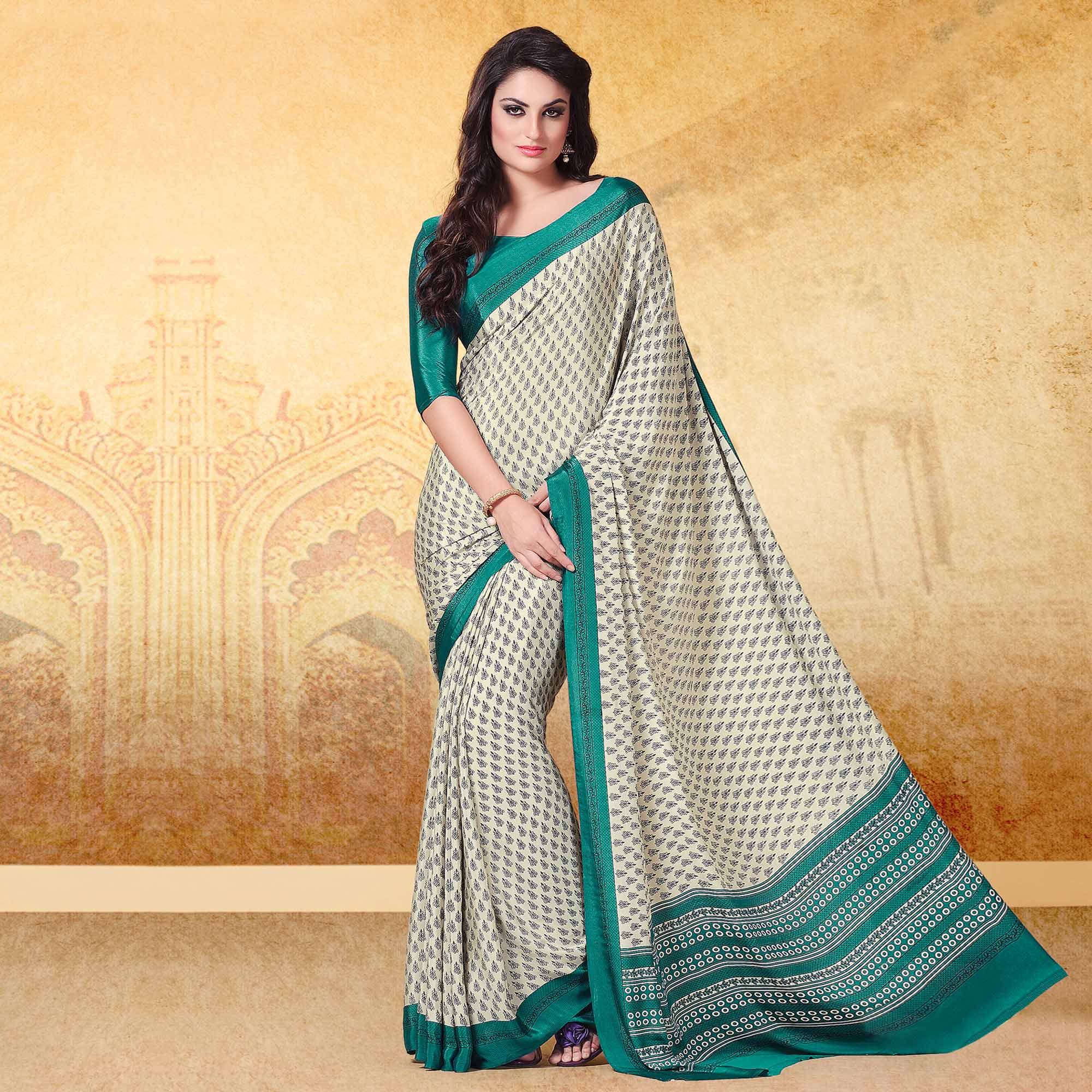 Off White Floral Printed Crepe Silk Saree