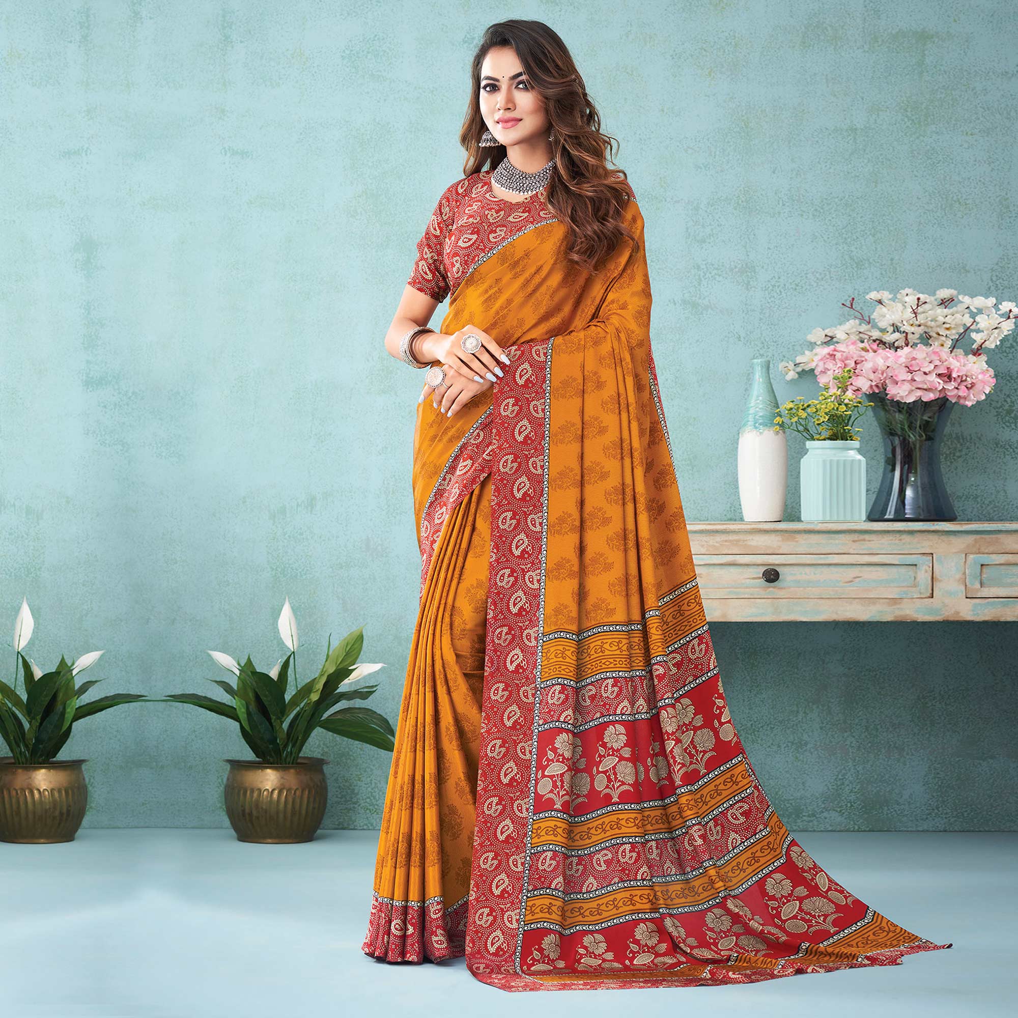 Mustard Floral Printed Crepe Silk Saree