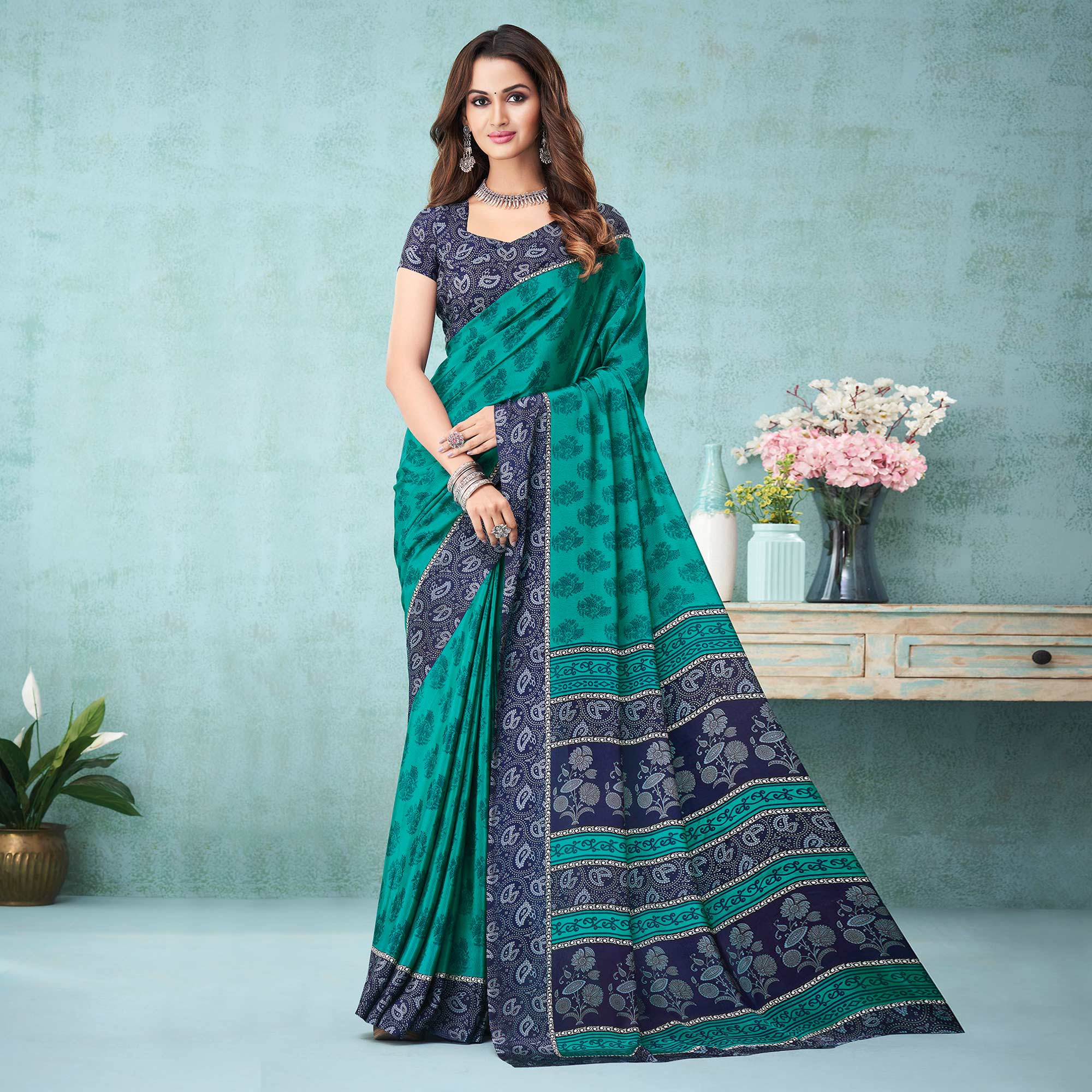 Teal Floral Printed Crepe Silk Saree
