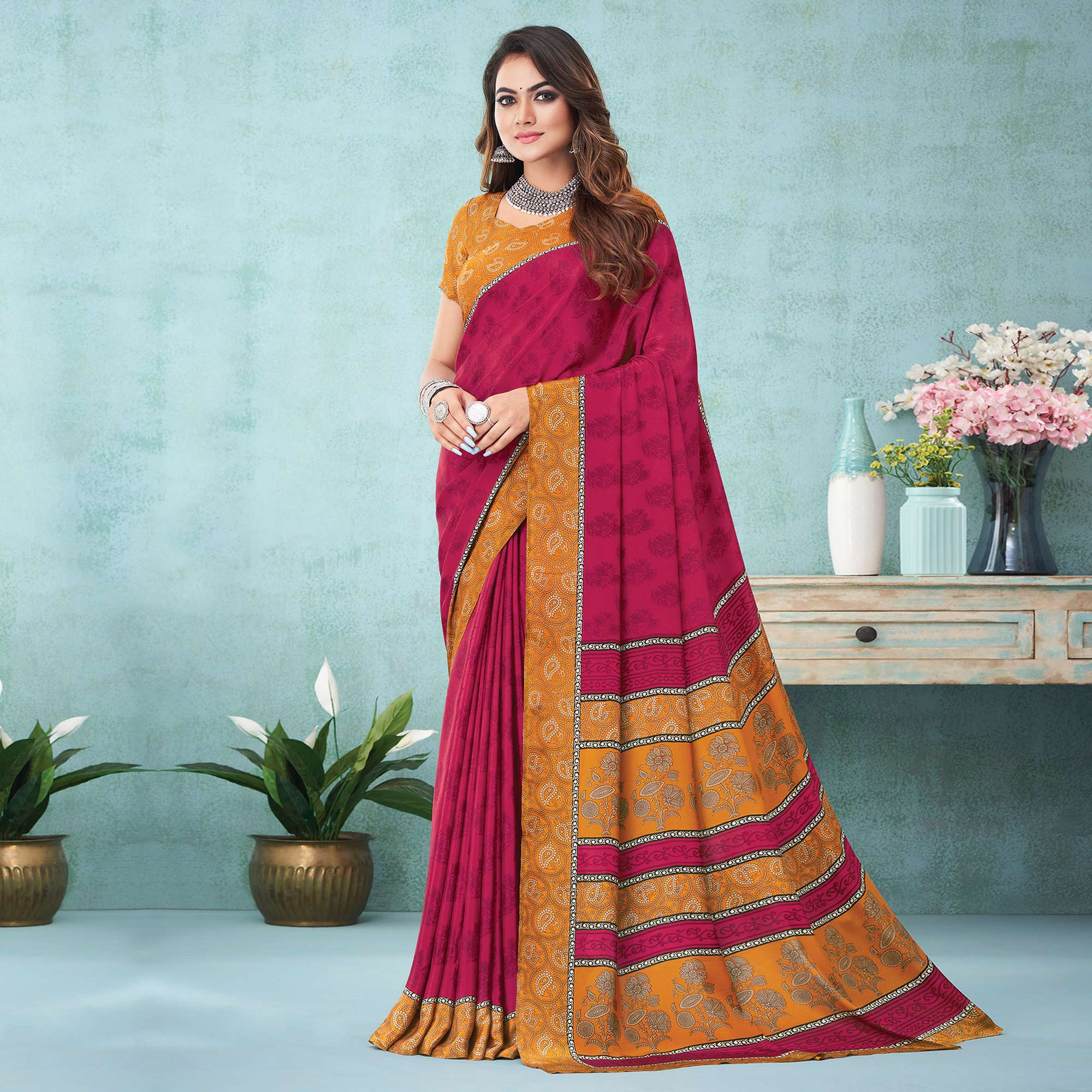 Rani pink Floral Printed Crepe Silk Saree