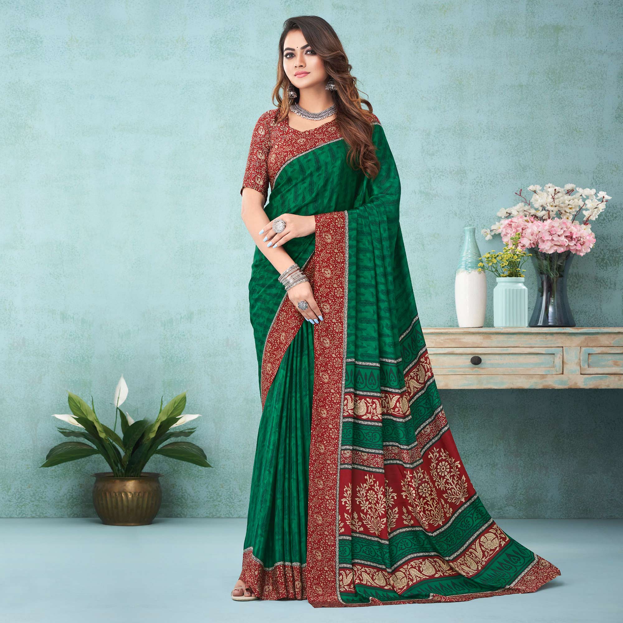 Green Floral Printed Crepe Silk Saree