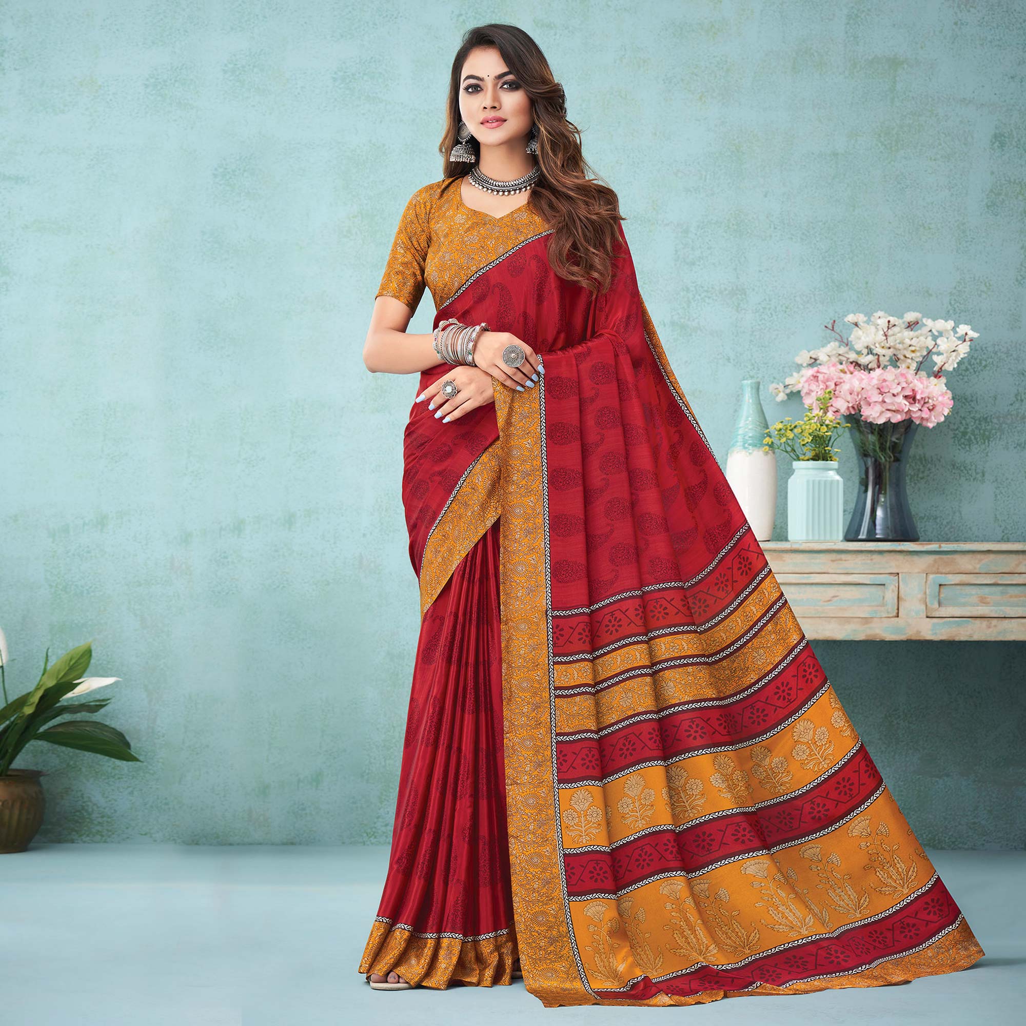 Red Floral Printed Crepe Silk Saree