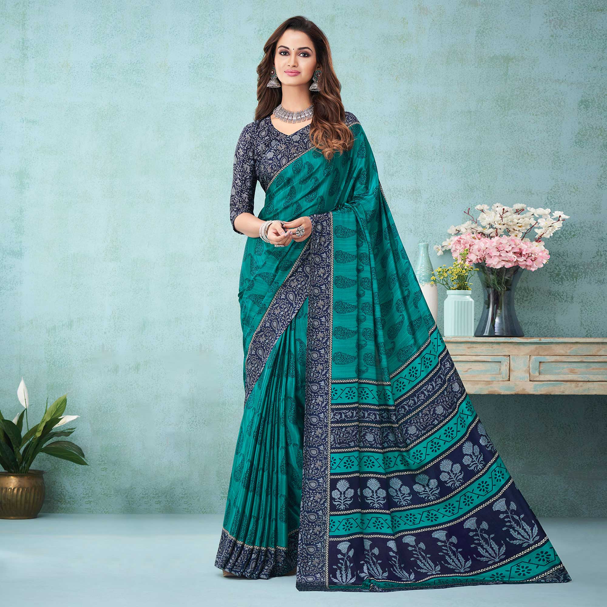 Teal Floral Printed Crepe Silk Saree