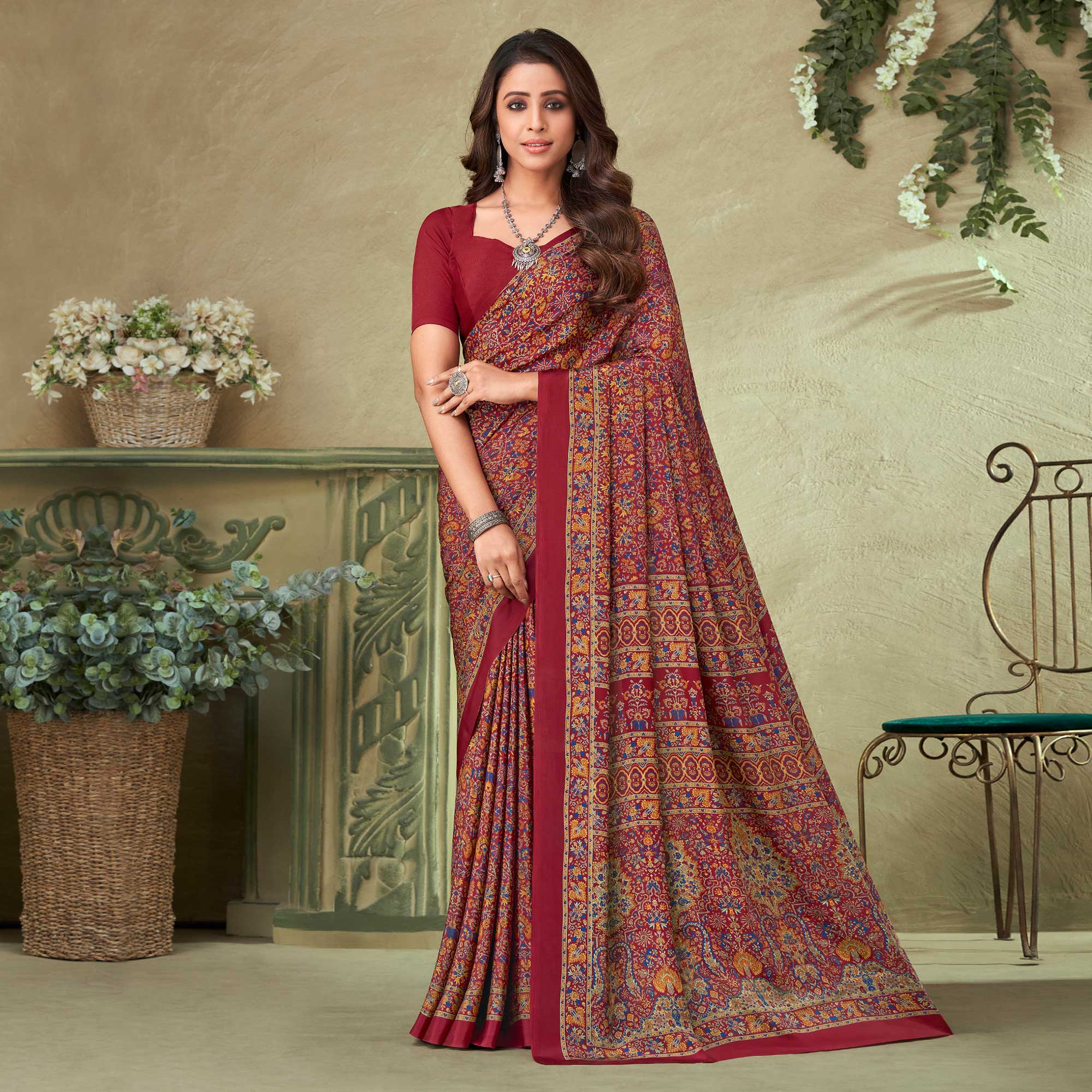 Maroon Floral Printed Crepe Saree