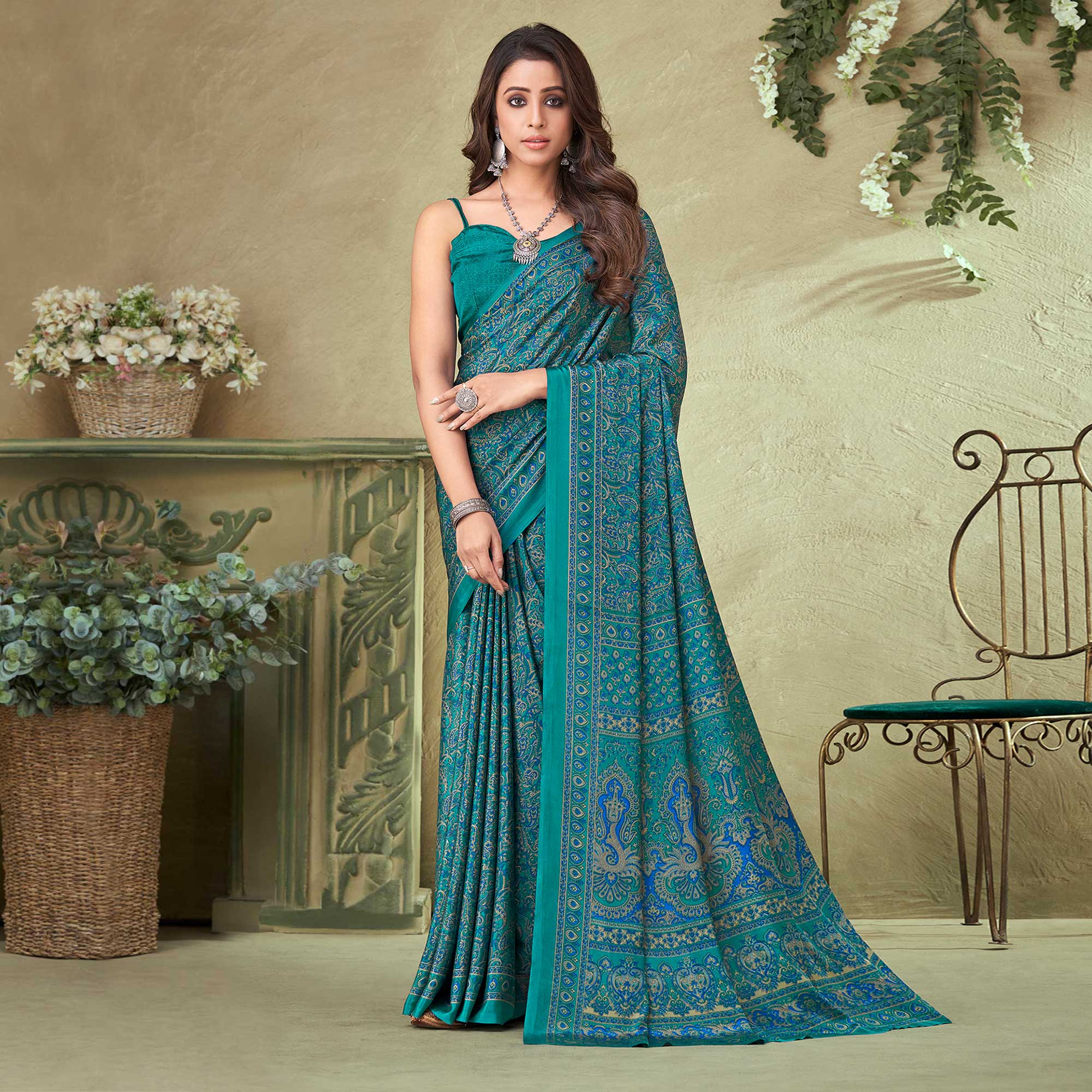 Teal Printed Crepe Saree