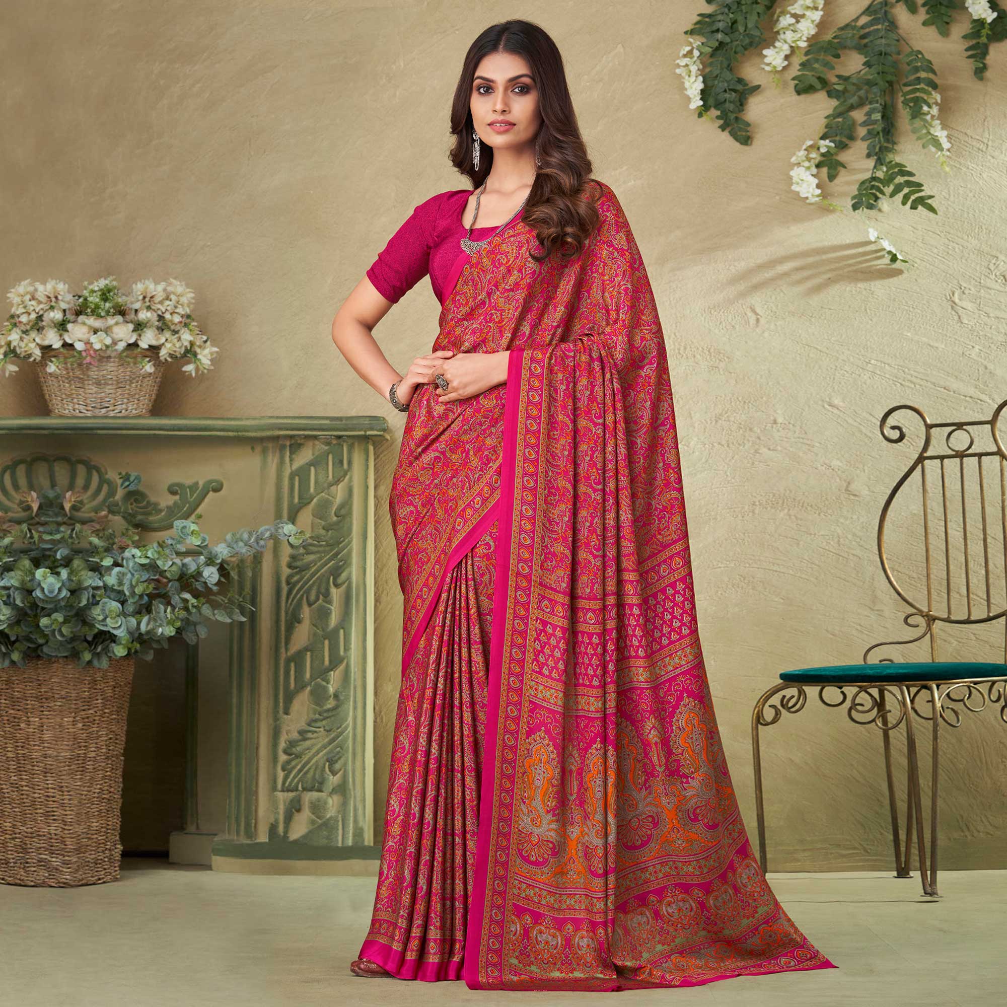 Rani Pink Printed Crepe Saree