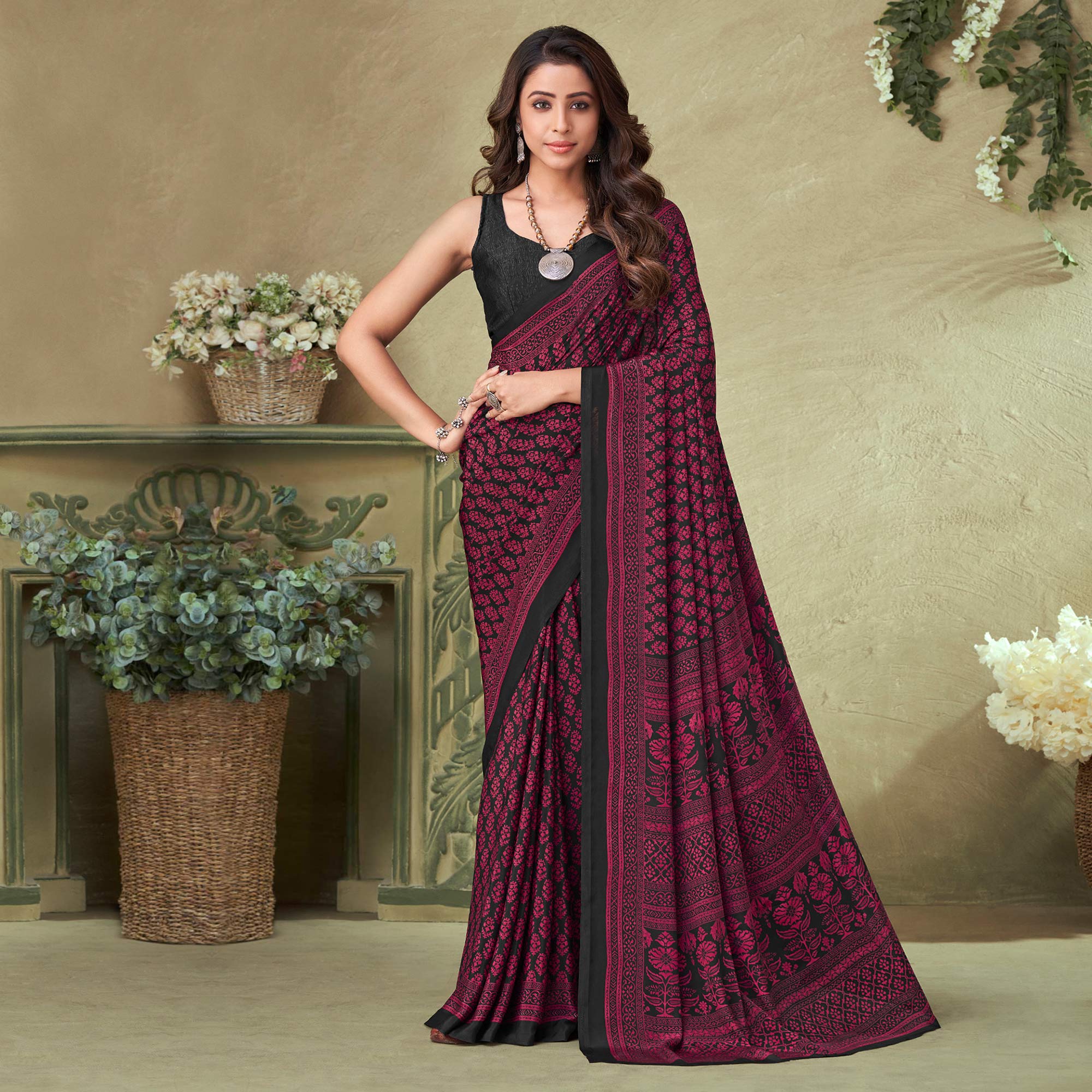 Wine & Black Floral Printed Crepe Saree