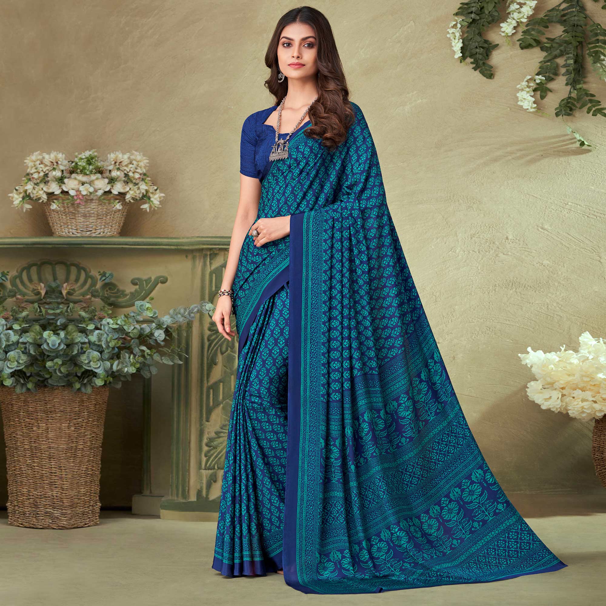 Blue Floral Printed Crepe Saree