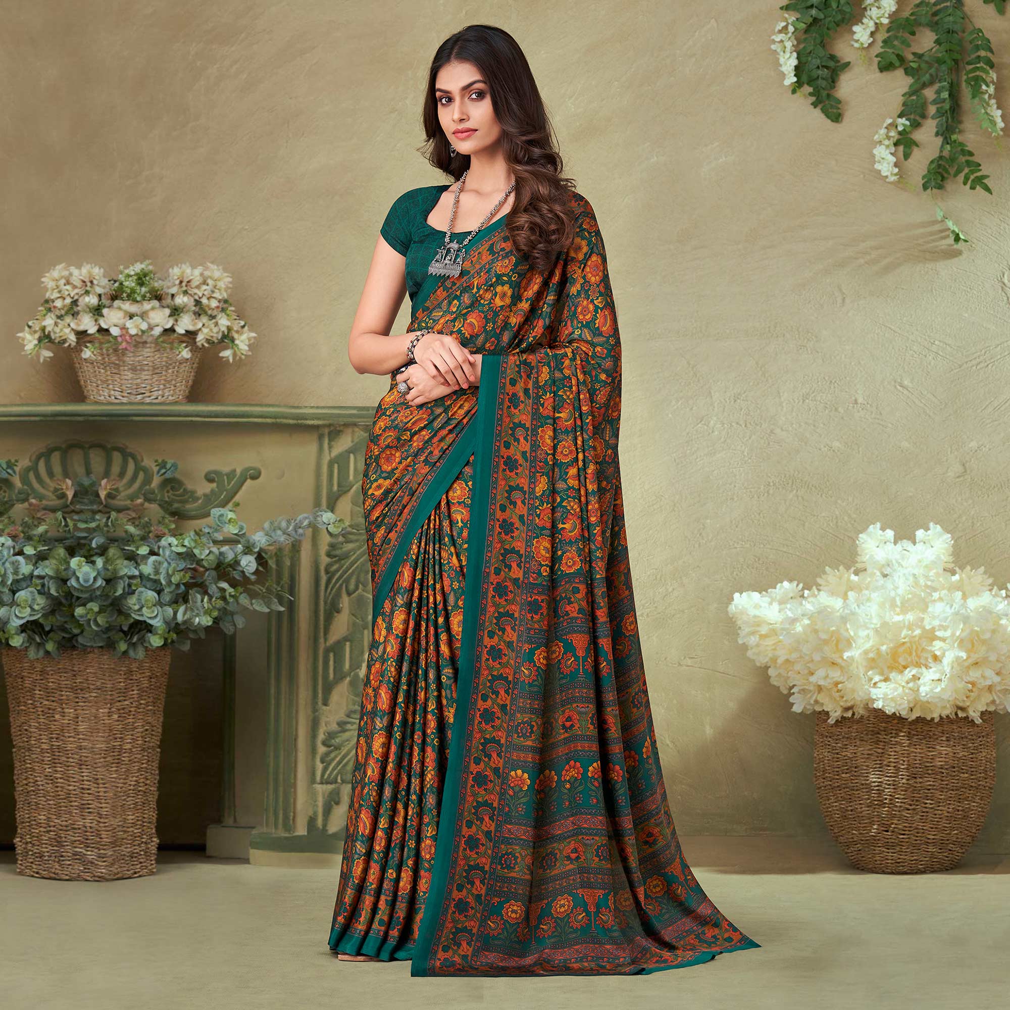 Green Floral Printed Crepe Saree