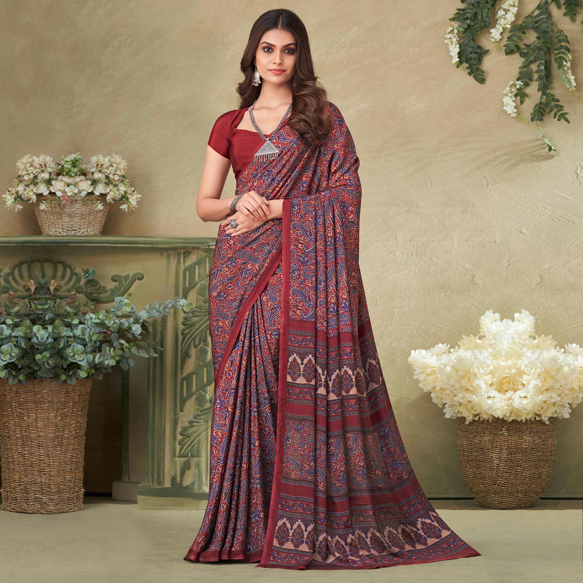 Maroon Printed Crepe Saree