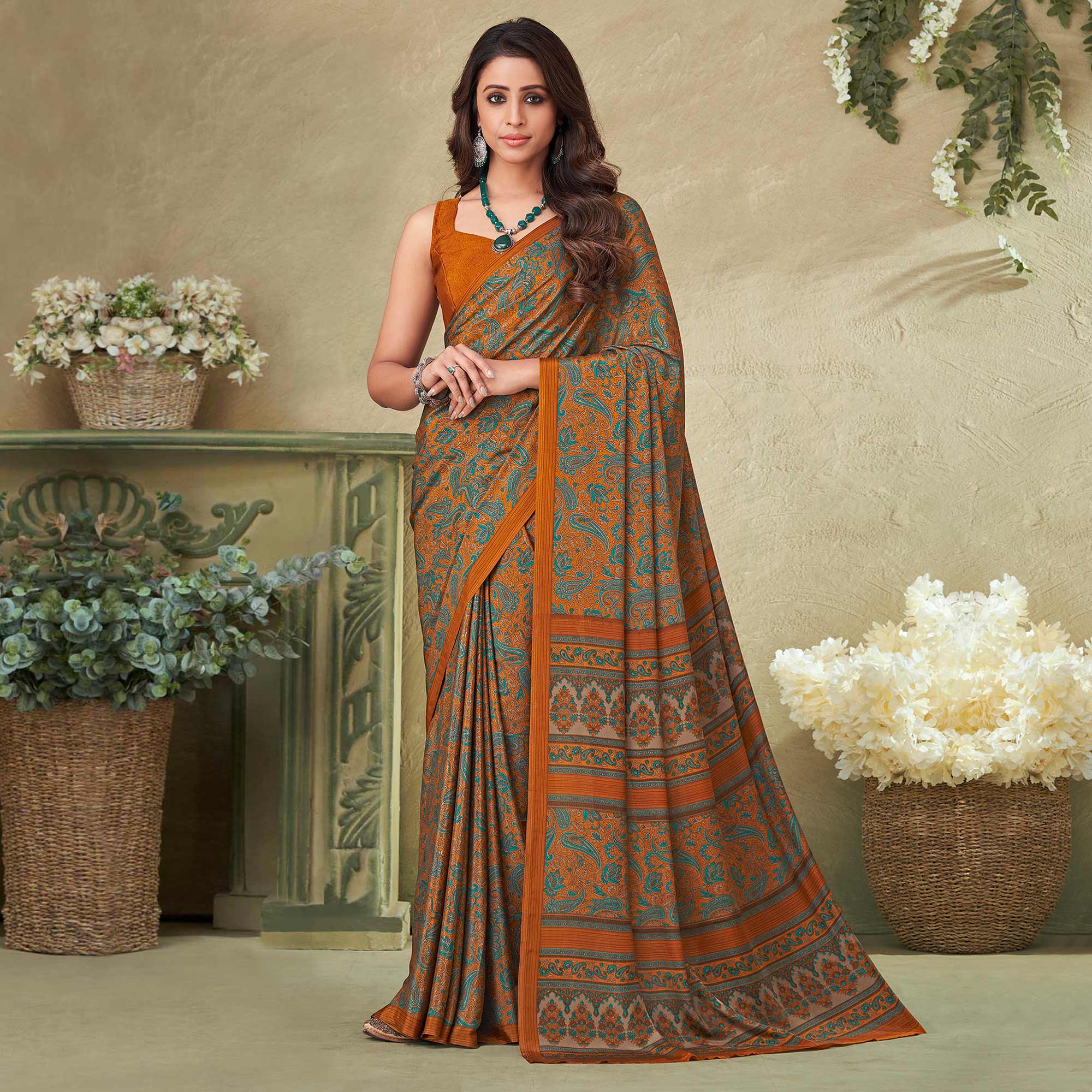 Orange Printed Crepe Saree