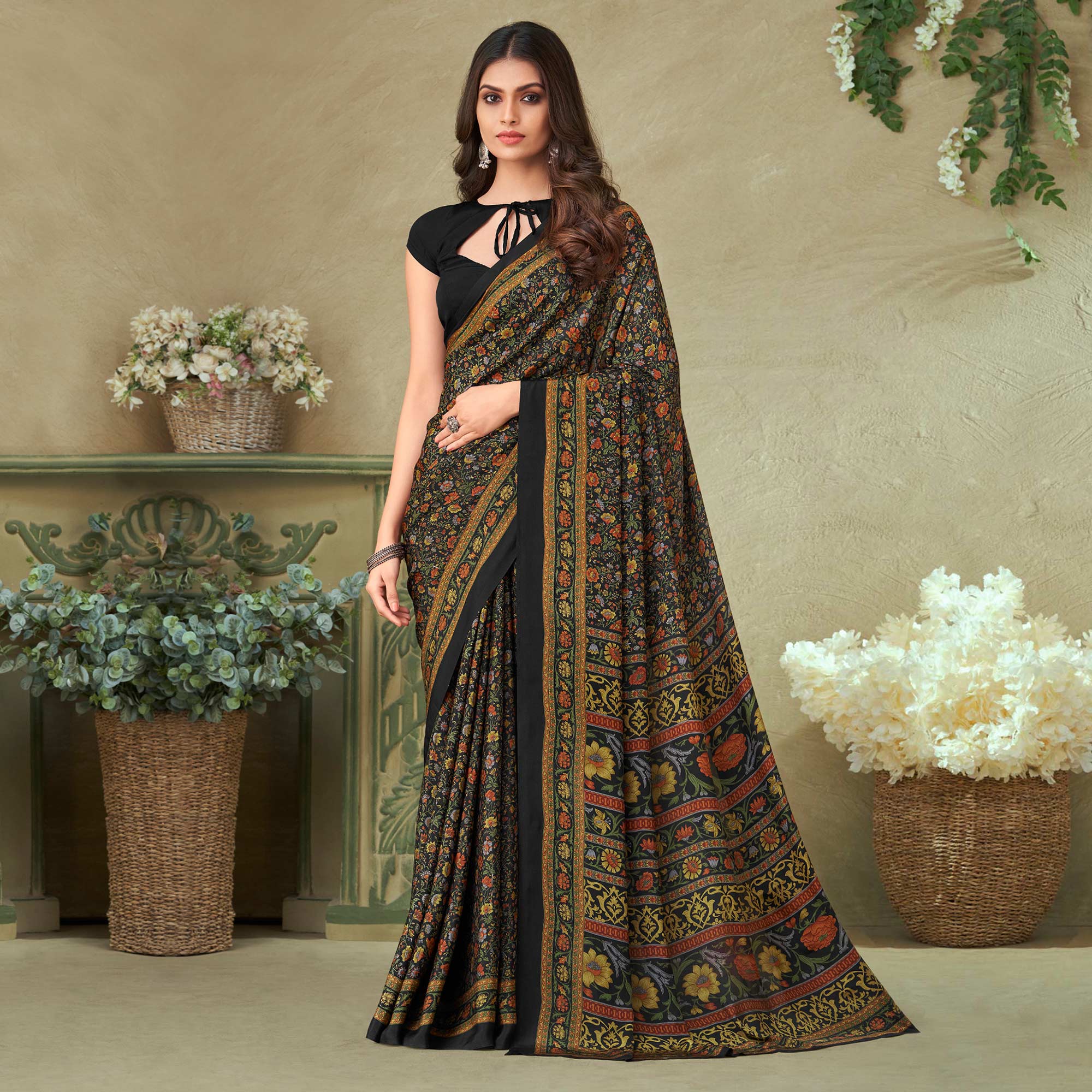 Black Floral Printed Crepe Saree