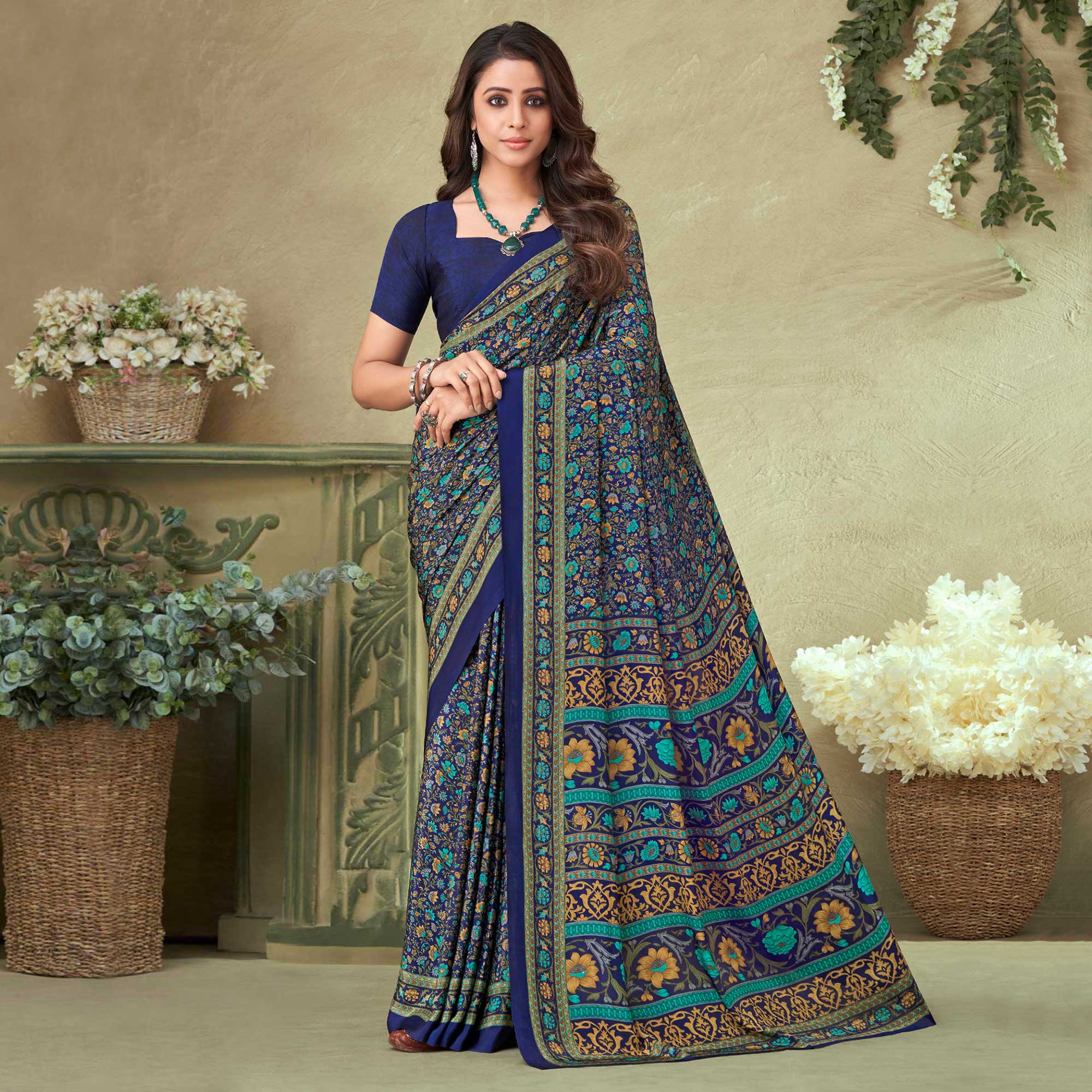 Navy Blue Floral Printed Crepe Saree