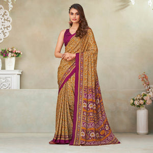 Beige & Magenta Floral Printed Crepe Saree
