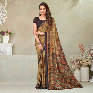 Beige & Brown Floral Printed Crepe Saree