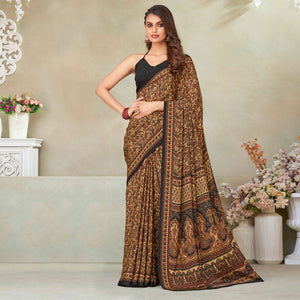 Beige & Black Printed Crepe Saree