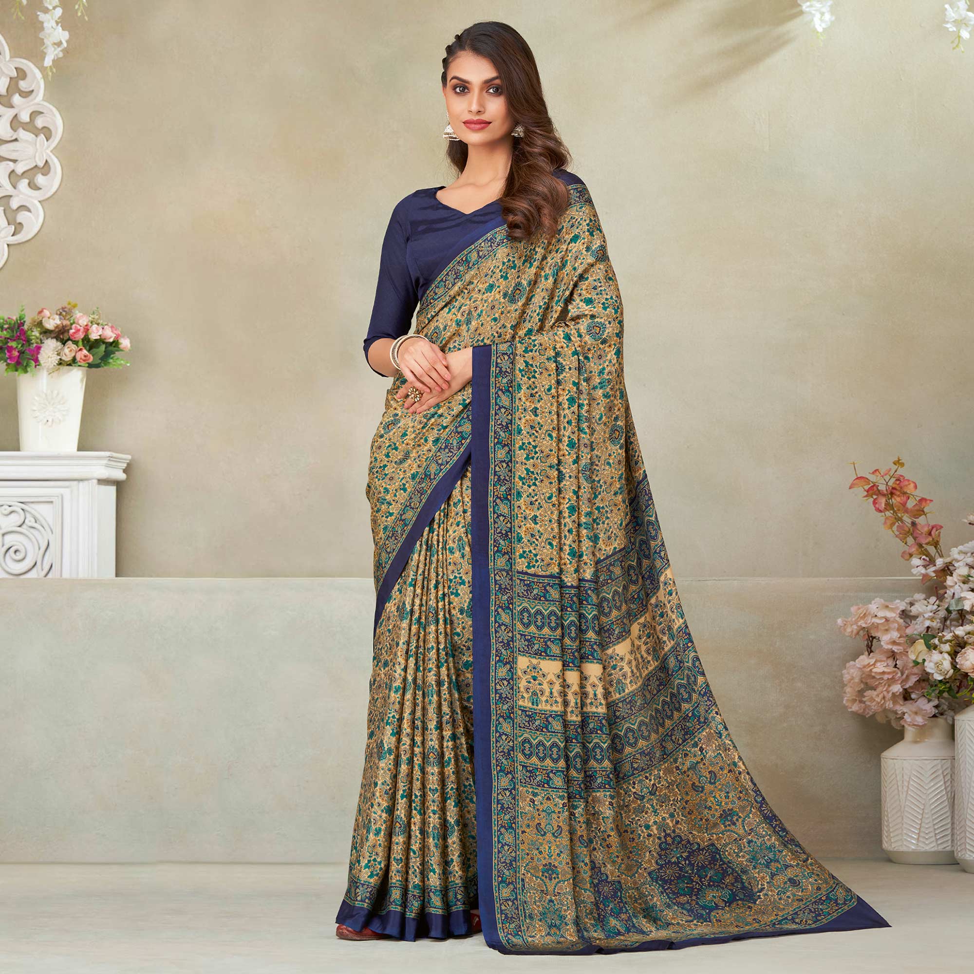 Beige & Navy Blue Floral Printed Crepe Saree