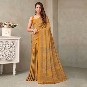 Mustard Floral Printed Crepe Saree