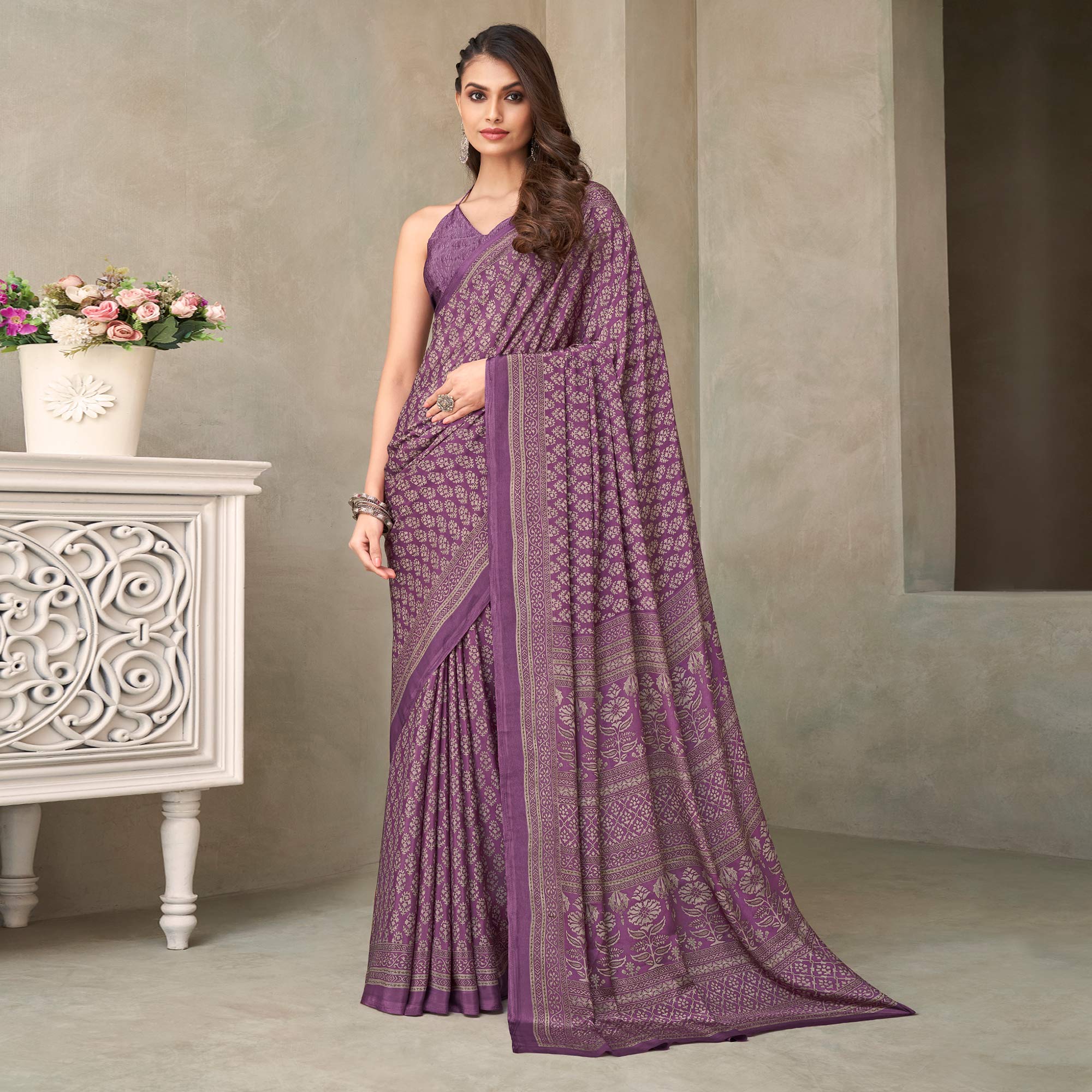 Purple Floral Printed Crepe Saree