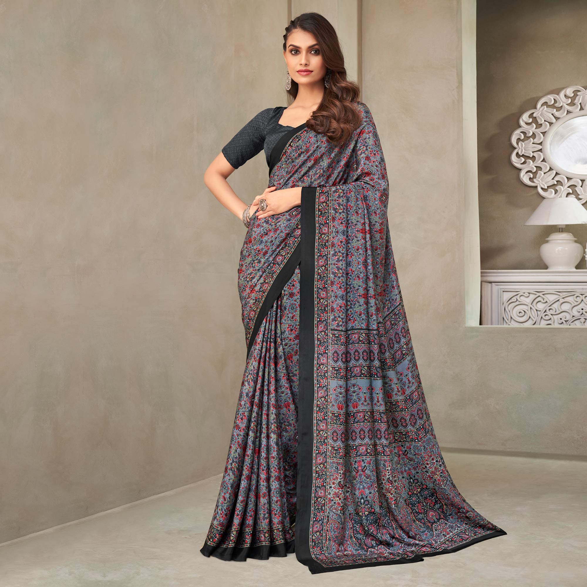 Grey Floral Printed Crepe Saree